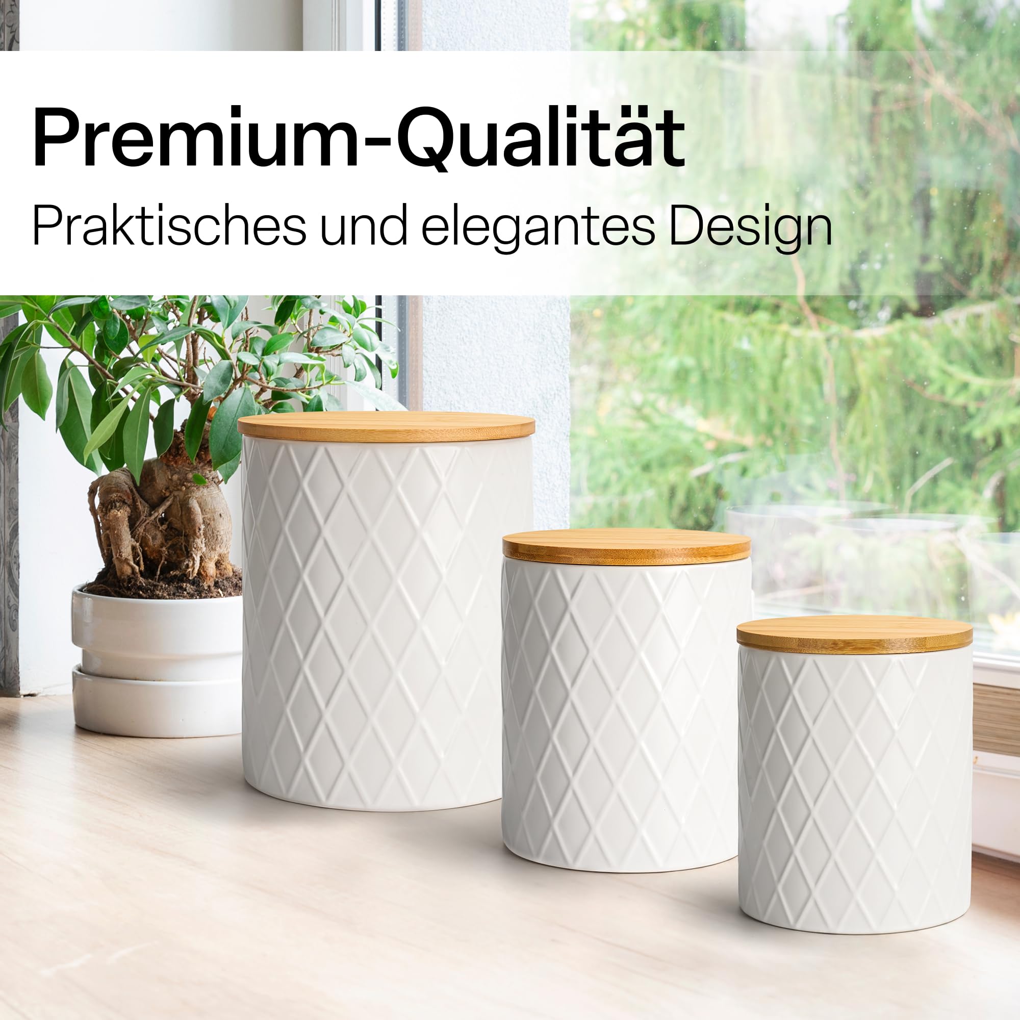MIAMIO - Vorratsdosen Set 6 / Keramikdosen für Küche - Palmanova (Weiß) | Keramik-Vorratsdosen mit luftdichten Holzdeckeln für Kaffee, Tee, Zucker, Mehl und Salz zur Küchenaufbewahrung zu Hause
