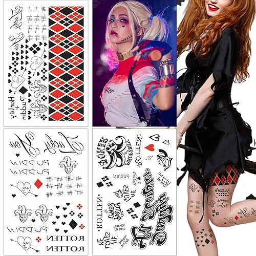 13 hojas de tatuajes temporales HQ de Joker para hombres y mujeres, escuadrón suicida, tatuajes temporales falsos de Halloween, realistas para