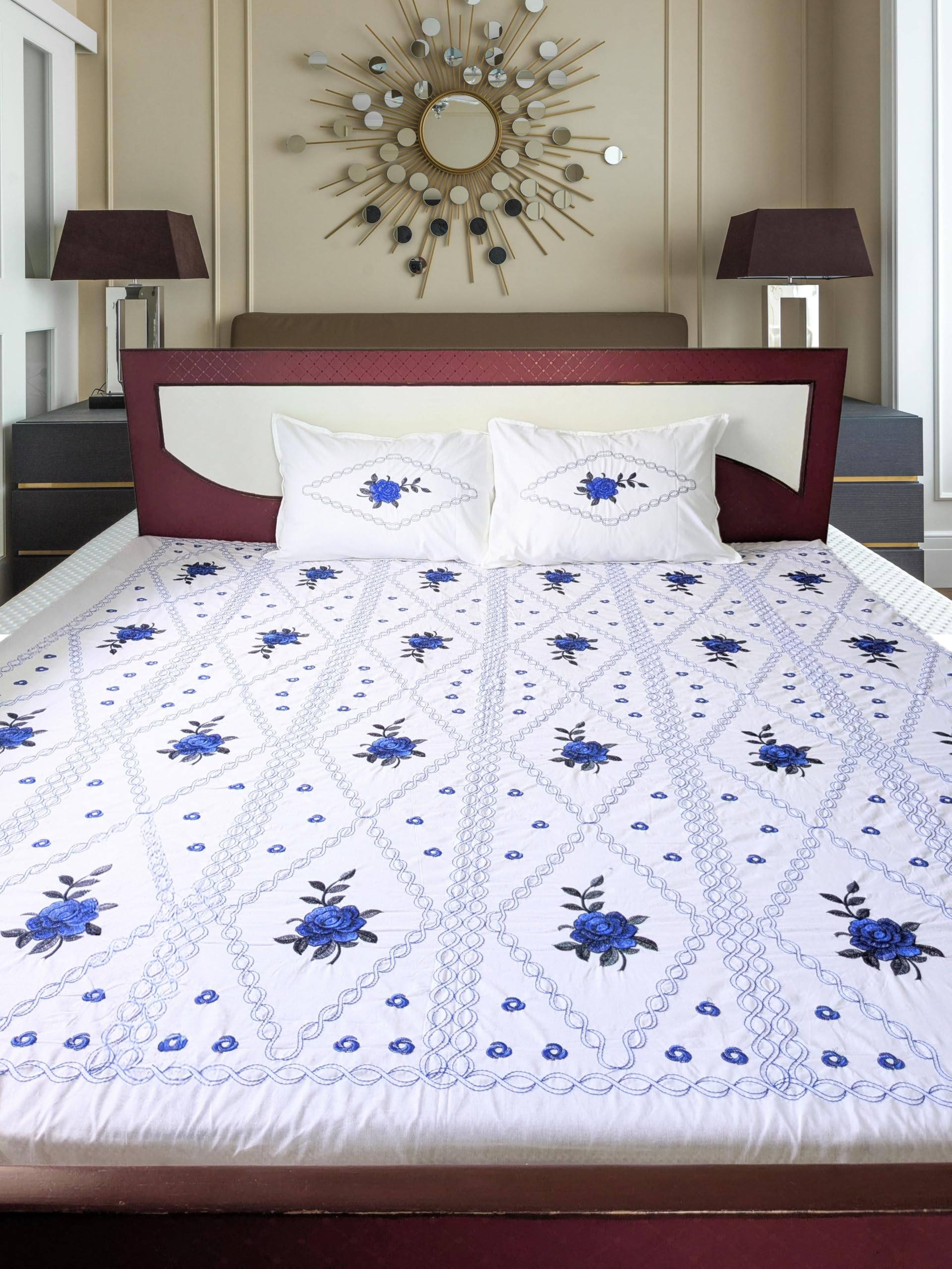 Luxury Cotton King Size Bedsheet Set with 2 Pillow Covers, Embroidered Design, 250 Thread Count, Soft & Comfortable Fabric, 90 x 108 Inch, White (Blue)-image-24