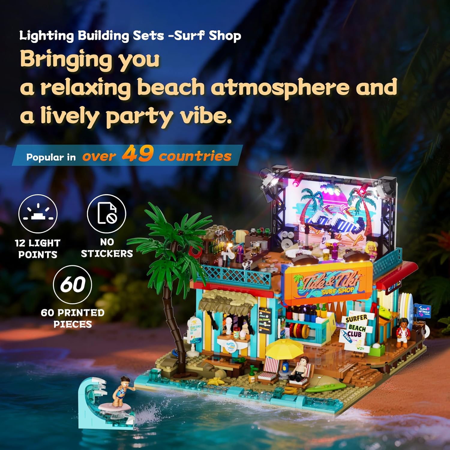 Surf Shop Lighting Building Bricks Set - Coast Club Modular Collection Display Kit with LED and Minifigures 1752 Pcs for Adults & Teens & Marine Enthusiasts - Image 2