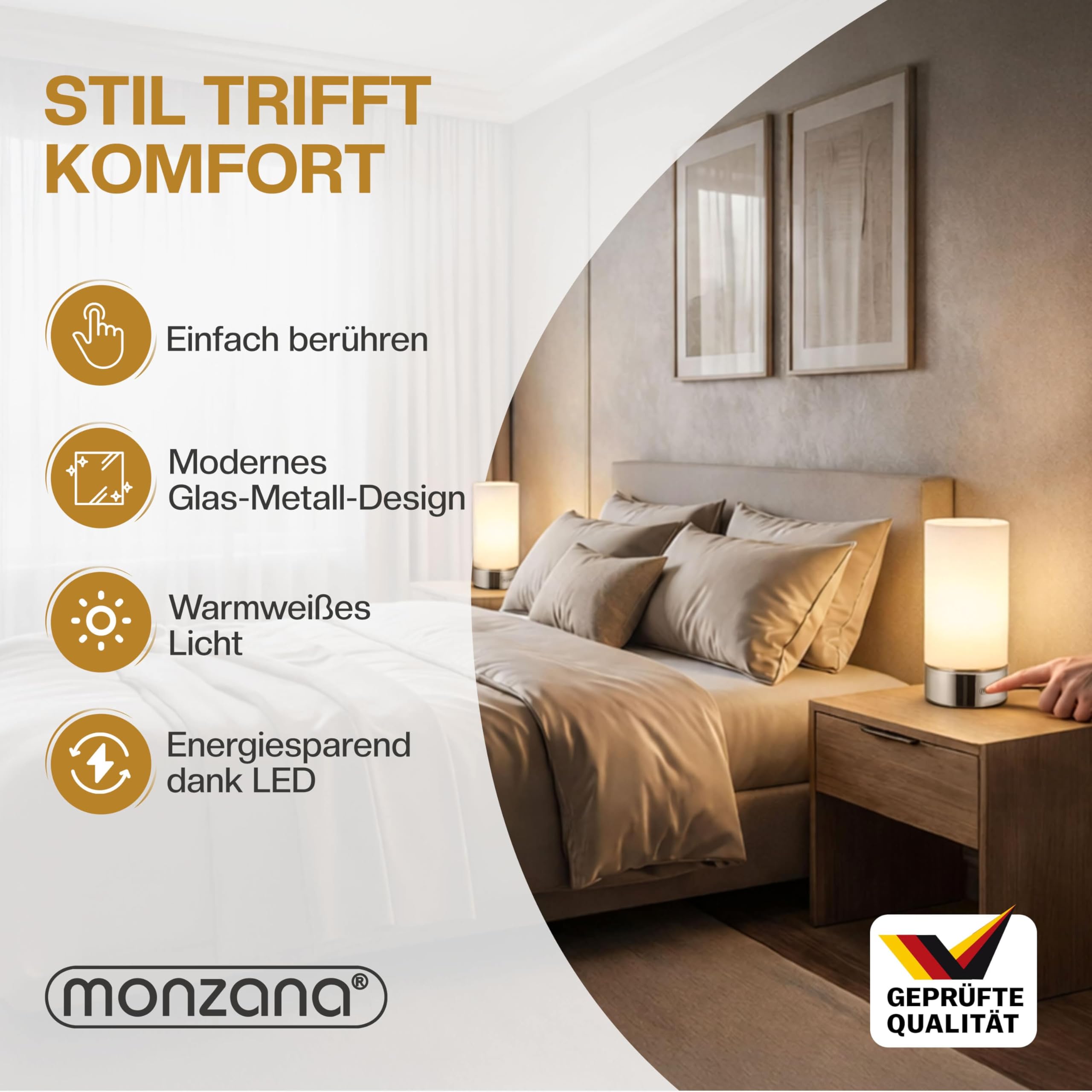 Monzana® Nachttischlampe 2er Set Touch Dimmbar mit LED Leuchtmittel Glasschirm Tischlampe Tischleuchte Wohnzimmer Schlafzimmer Nachtlicht Leselampe