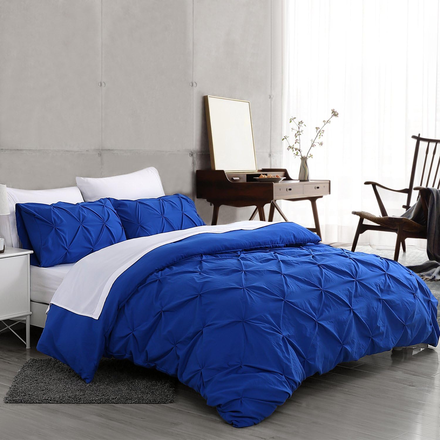 Ucharge Unique Pinch Pleat Pintuck Duvet Cover Set,3 Pieces Decorative Stylish Brushed Microfiber Bedding Set With Zipper and Corner Ties (Queen Blue)