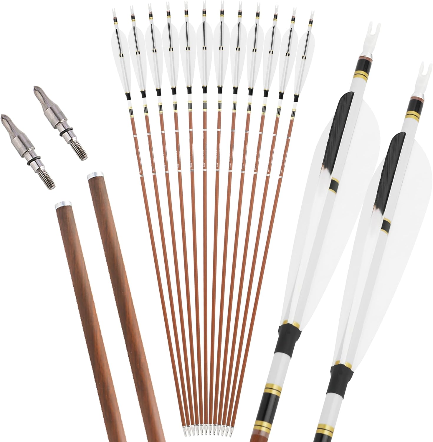 ZSHJGJR 31" Carbon Arrows Spine 340 400 500 600 Archery Hunting Arrows with Natural Feather Removable Tips Targeting Arrows for Compound & Recurve & Traditional Bow 6/12pcs