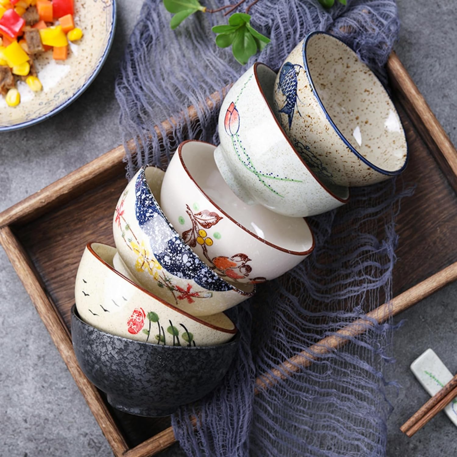 6 Pack Retro Ceramic Bowls, 4.5 Inch Japanese Rice Bowl, 10 Oz Small Soup Serving Set Hand-painted Cereal Holder for Salad, Dessert, Ice Cream, Noodles, Dishwasher Microwave Safe