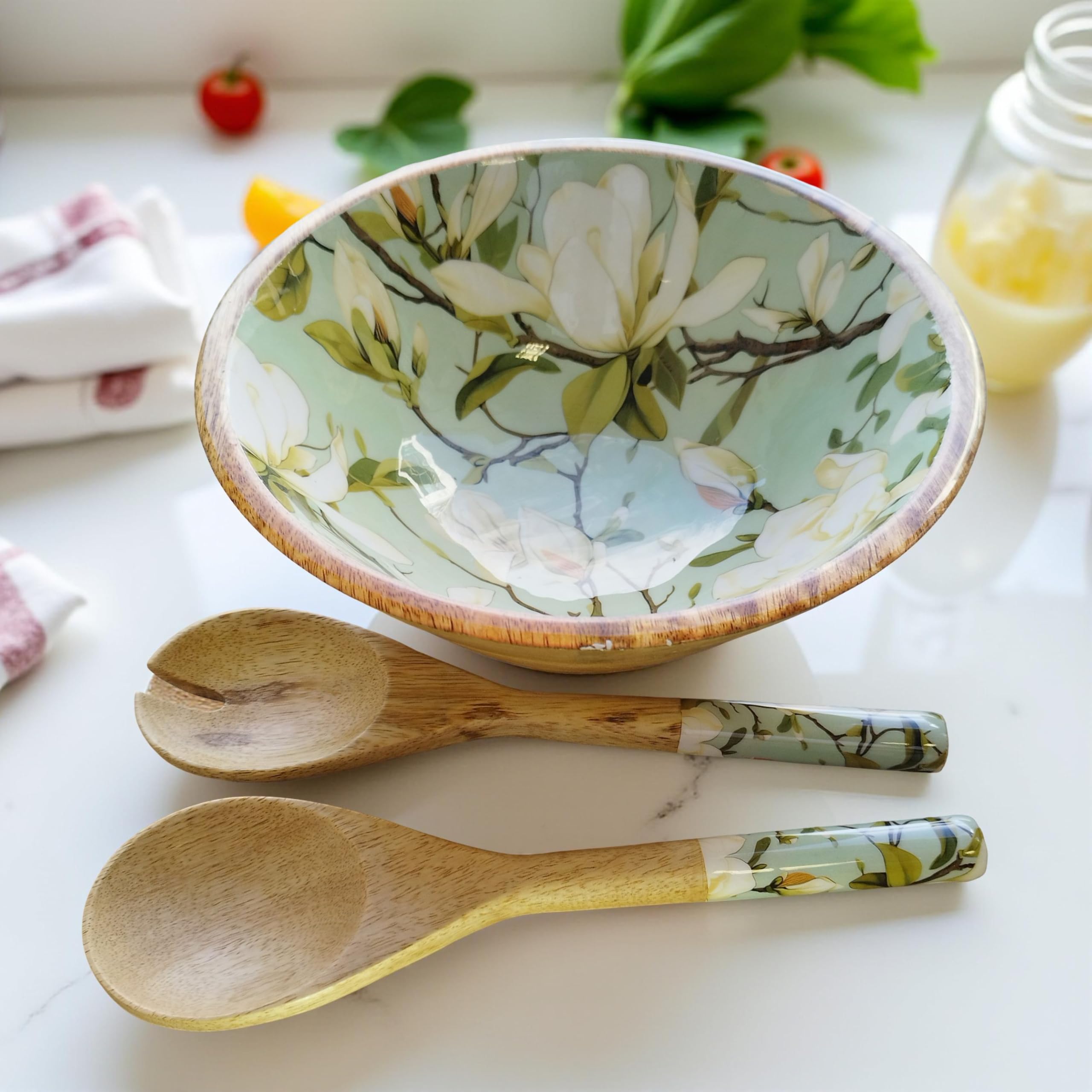 Hartsmede Wooden Salad Bowl 10" with Spoons –Handmade Mango Wood Serving Dish with Floral Enamel Interior Rustic Eco-Friendly Fruit or Pasta Serving Set for Kitchen Dining or Entertaining SNOWBELL