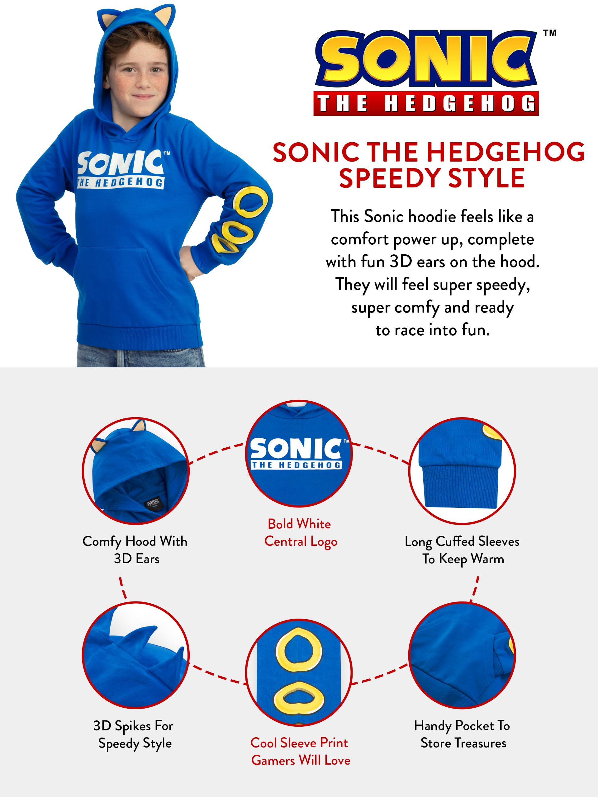 Sonic The Hedgehog Felpa Bambino, Felpa con Cappuccio Gamer con Orecchie 3D
