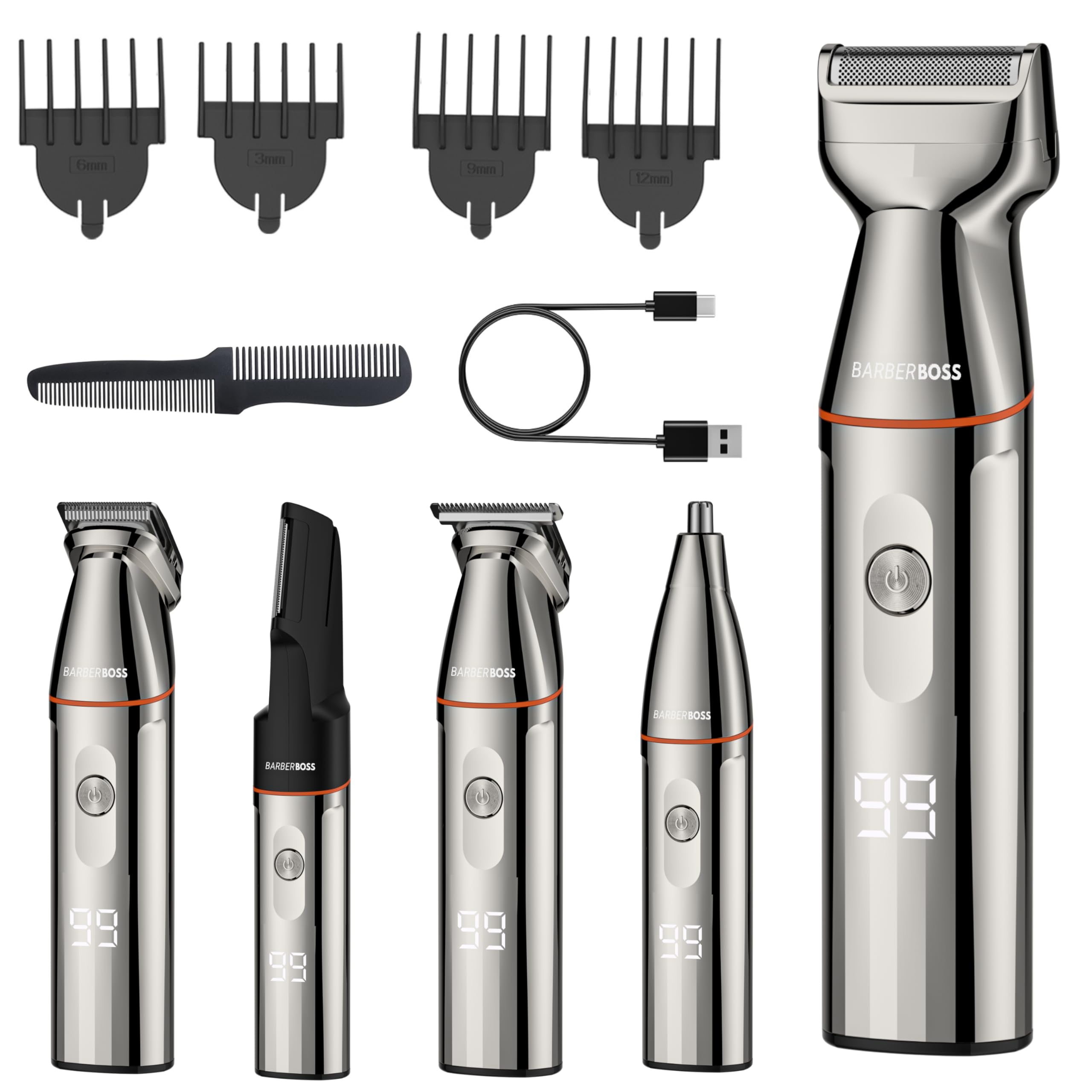BarberBoss Bezprzewodowy zestaw trymerów do brody, golarka 5 w 1, z maszynką do strzyżenia włosów, trymerem do nosa, ładowarką USB-C i ostrzami ze stali nierdzewnej, do pielęgnacji ciała
