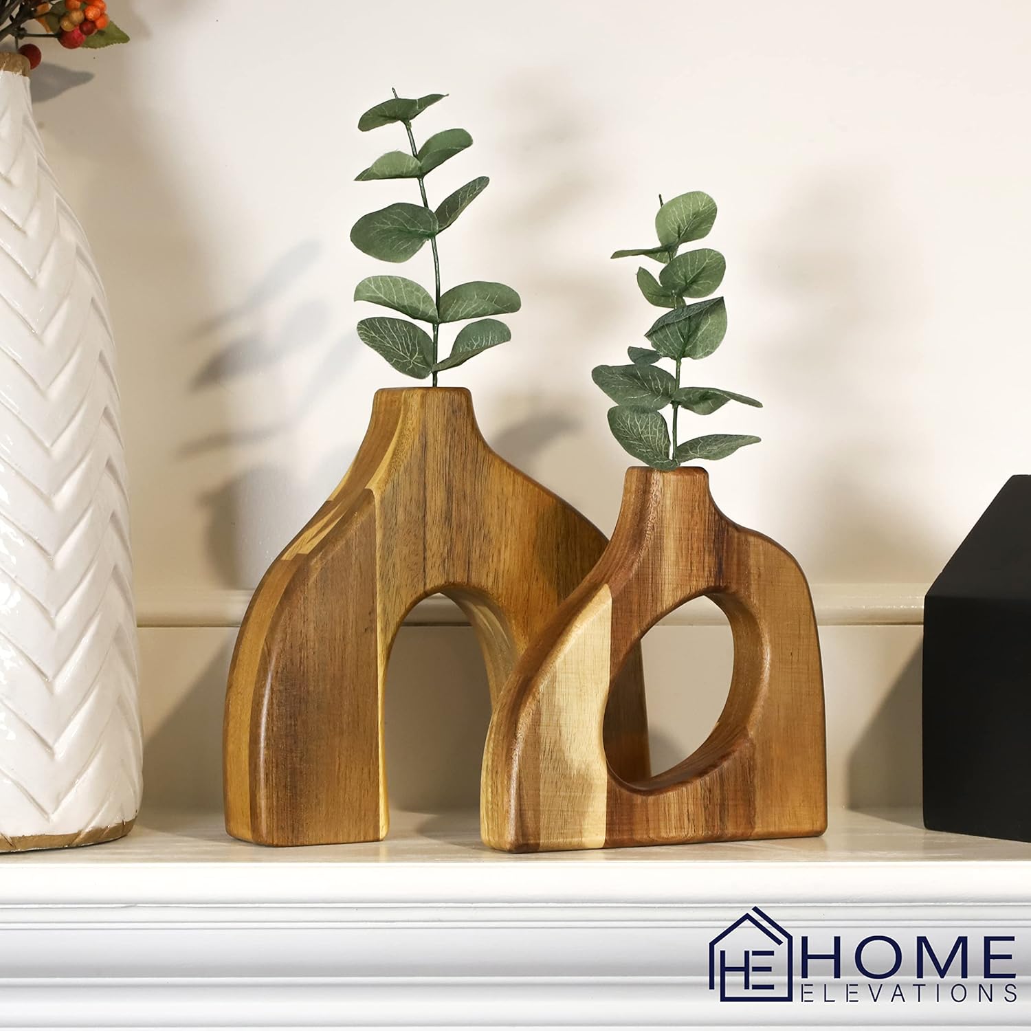 Decorative Vases Set - Pack of 2 Wood Vase for Tables, Shelves, or Mantles - Boho Vase Display for Faux Flowers & Plants - Short Cute Wooden Vases -Home Decor Gift Idea