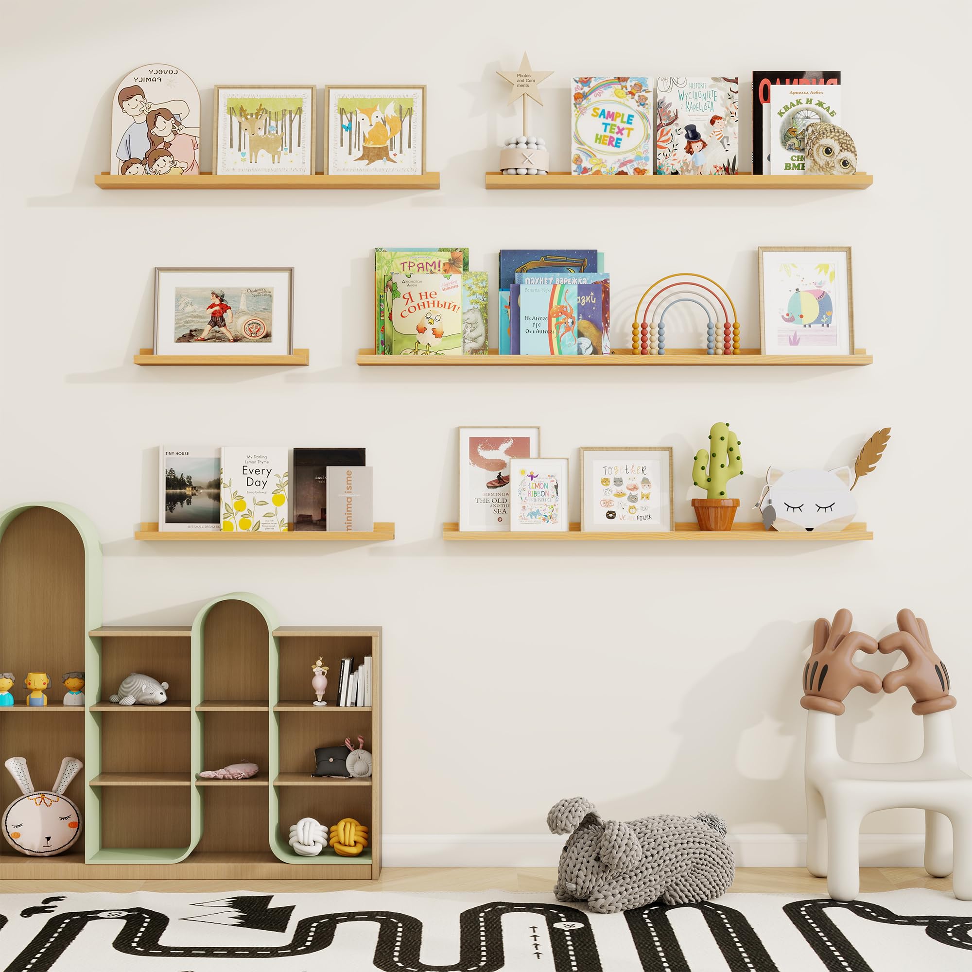 Condition photo showing New/Like New for Picture Ledge Shelf, Solid Pine Wood Floating Shelves Set of 2, 40 Inches Nursery Book Shelves for Toys Storage, Kids Bookshelf Wall Mounted for Living Room Bedroom Decor Books Photo Frames, Natural