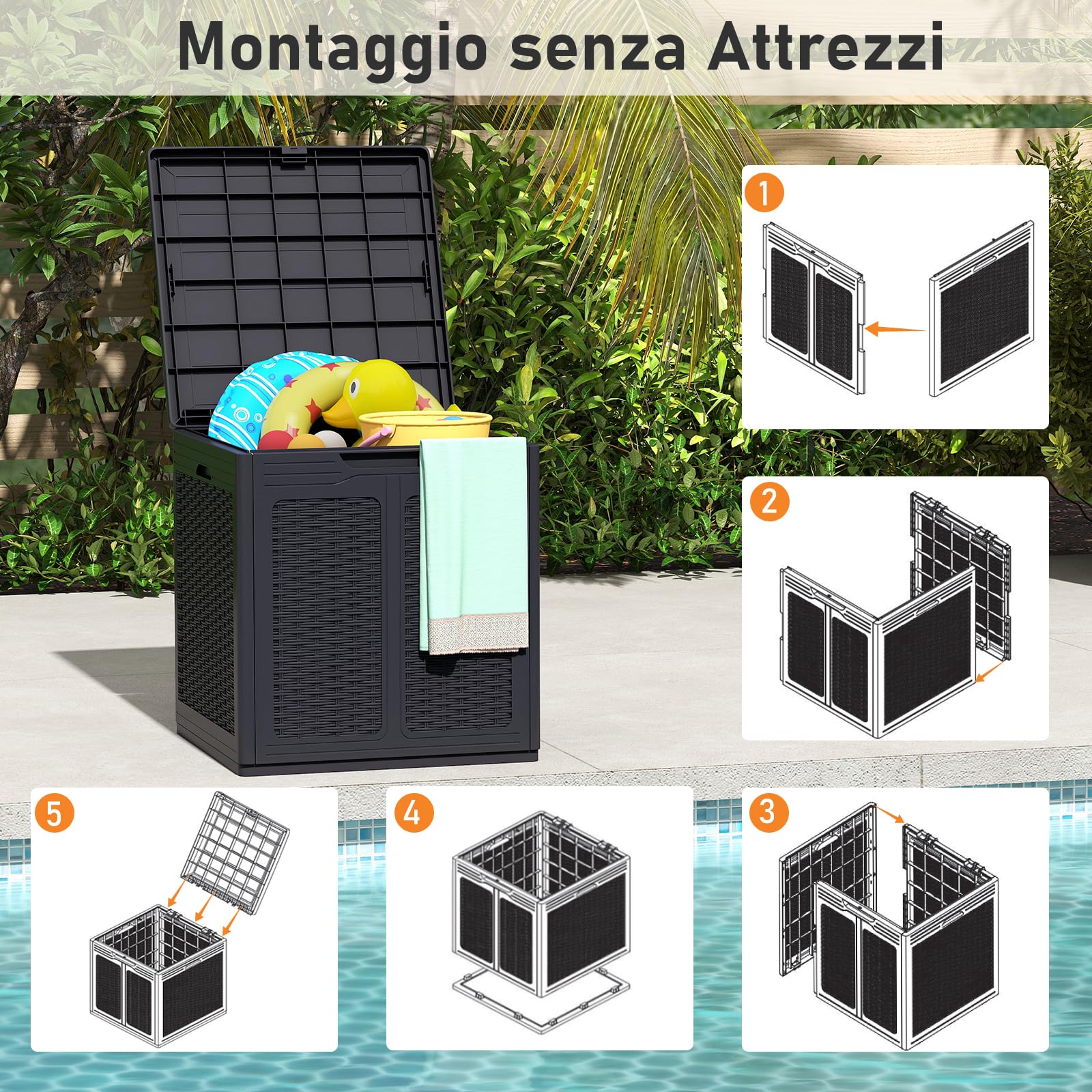 RELAX4LIFE 145 L Cassapanca Baule da Esterno in Rattan, in PP Impermeabile con Coperchio Bloccatore, Maniglie Laterali, Cassa per Conservazione Patio per Pacchi, Attrezzi, Cuscini (NERO)