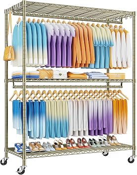 ULIFHOME P8 Max Heavy Duty Clothes RackWith Extended Width Design Rolling Clothing Racks for Hanging Clothes,Portable Garment Rack with Lockable Wheels,51.2" W x 15.8" D x 80.5" H,Load 700LBS,Gold