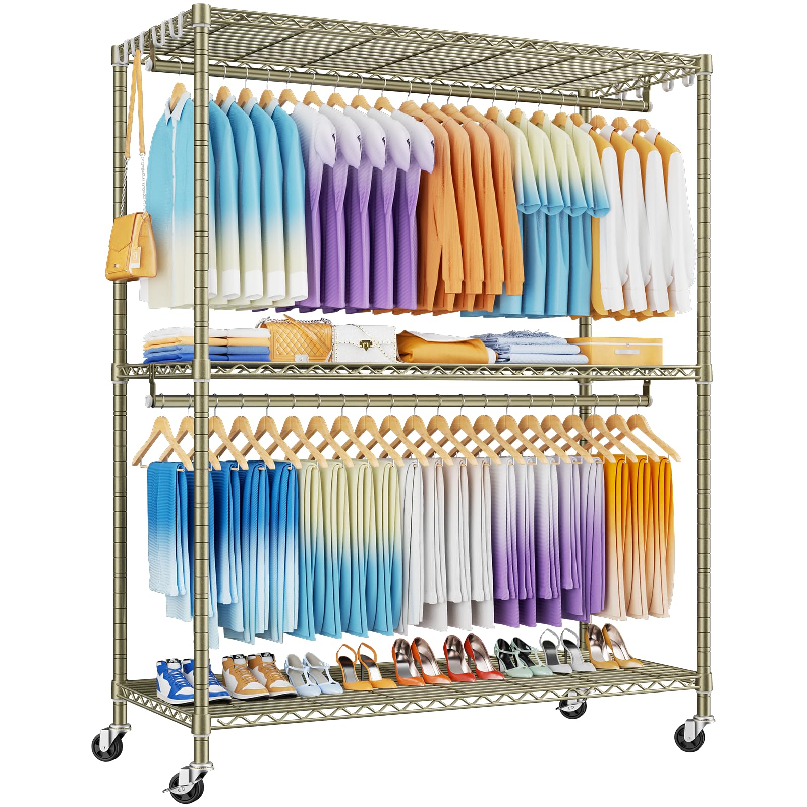 Photo 1 of ULIFHOME P8 Max Heavy Duty Clothes Rack?With Extended Width Design? Rolling Clothing Racks for Hanging Clothes?Portable Garment Rack with Lockable Wheels?51.2" W x 15.8" D x 80.5" H?Load 700LBS?Gold