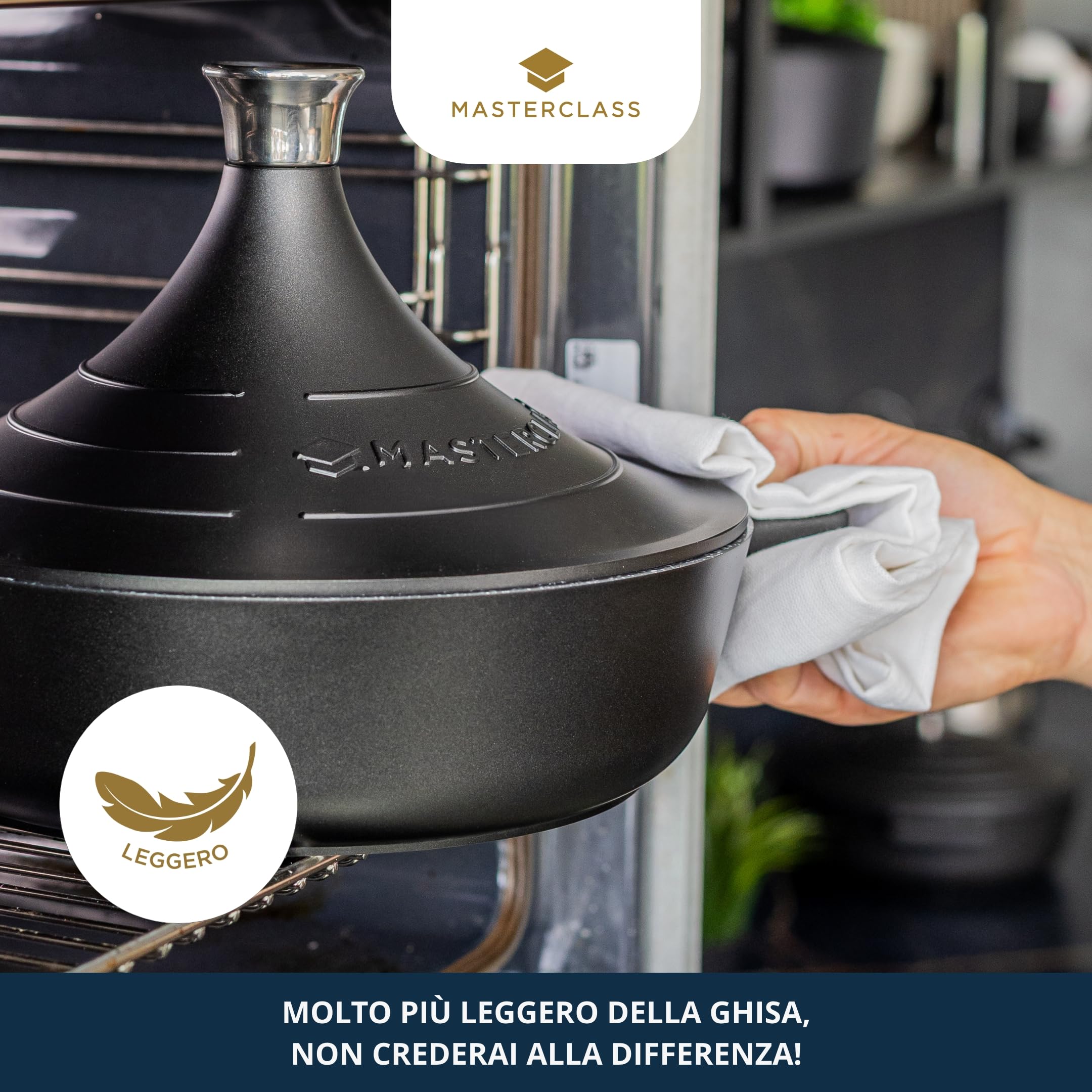 MasterClass - Tajine in alluminio pressofuso con coperchio a cono auto-irrorante, antiaderente, da 4 l, rotonda, per piano cottura anche a induzione e forno, adatta a lavastoviglie, 28 cm, nero