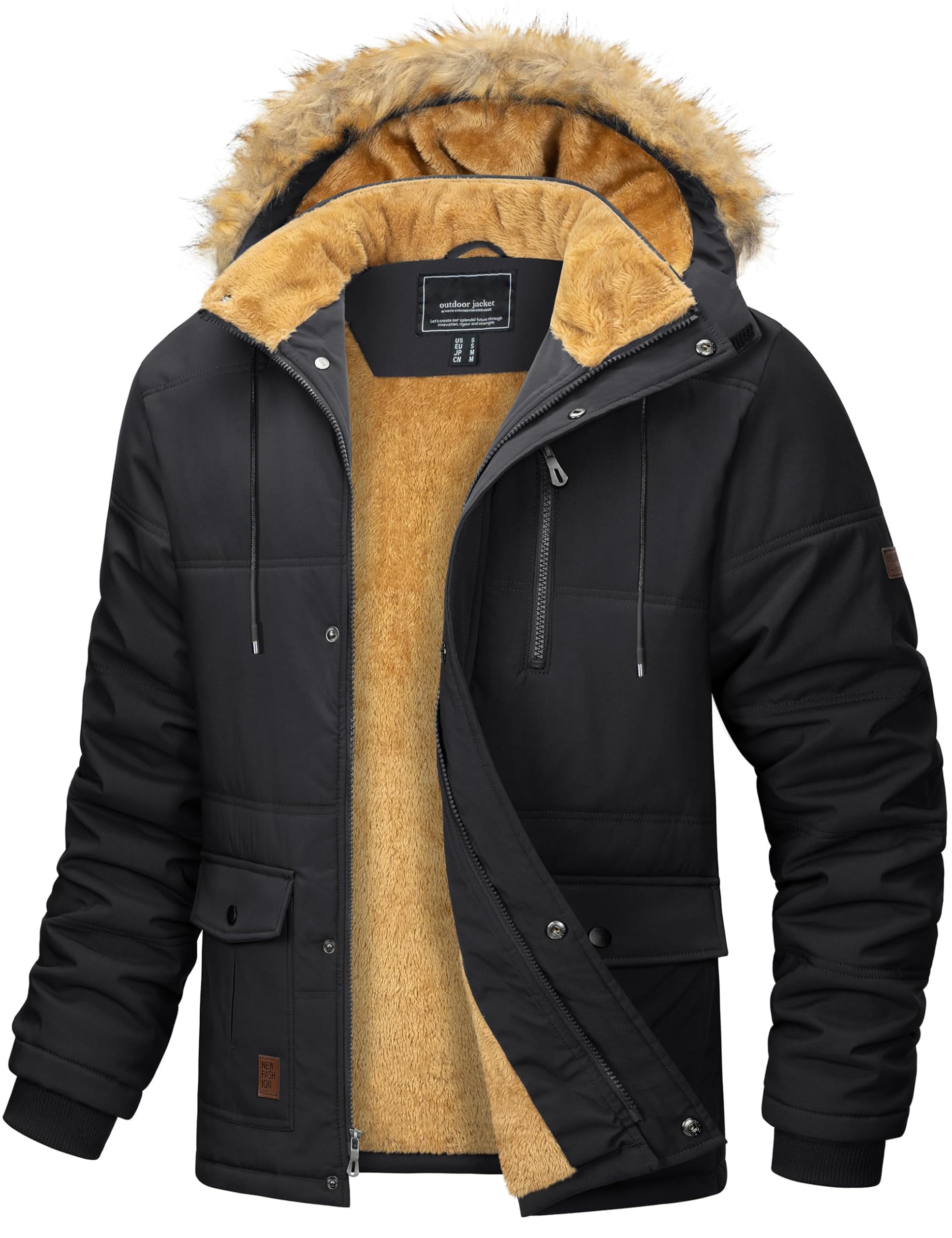 MAGCOMSEN Herren Winter Parka Jacke Winddicht Outdoor Warme Fleecejacke Freizeit Übergangsjacke Wasserabweisende Gefüttert Wanderjacke Verdickt Arbeits Jacken mit Abnehmbar Kapuze