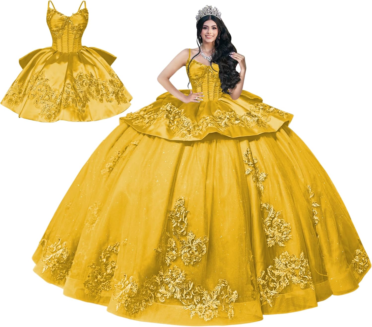 Mauuwy 2 in 1 Quinceanera Dresses Ball Gown V Neck Beaded Sweet 15 16 Dresses Satin Vestidos de 15 años quinceañera