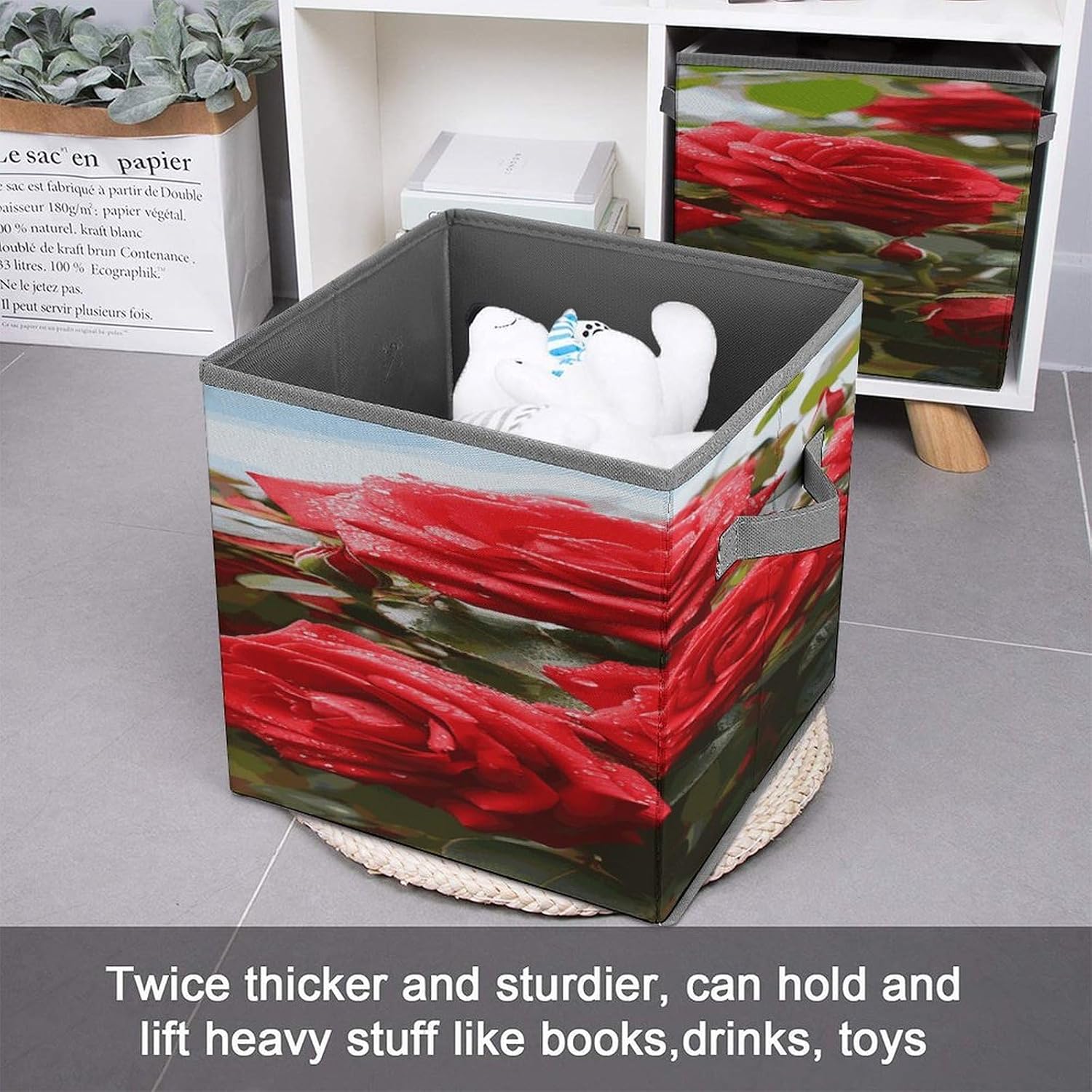 Red Roses Bush in The Garden Fabric Bins Storage Basket Square Baskets | Storage Bin with Double Handles,Cube Collapsible Organizers for Organization,Closet,Shelves,Offices