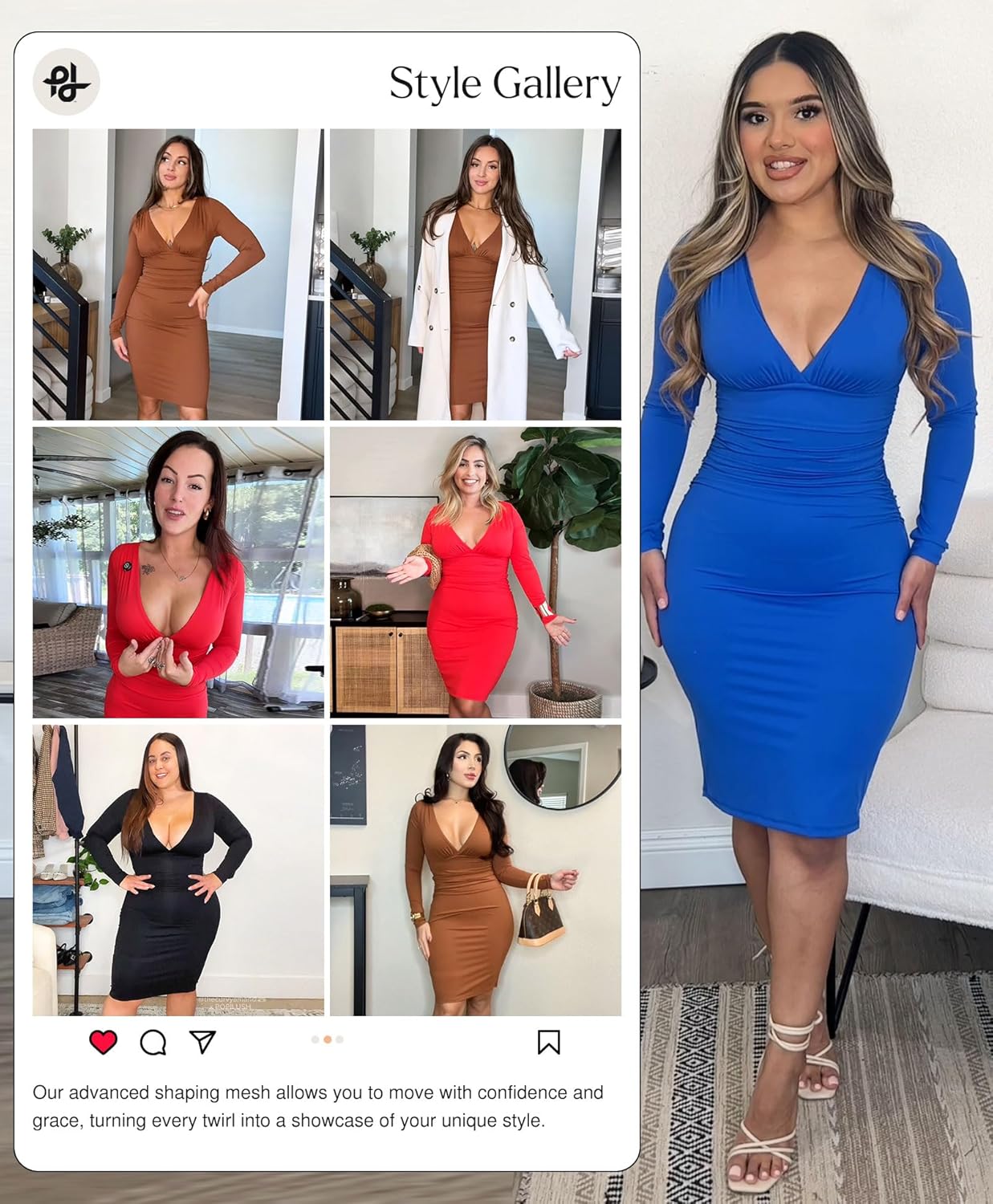 Popilush Long Sleeve Bodycon Dress Shapewear Dress V Neck Ruched Midi Party Cocktail Dresses - Image 2