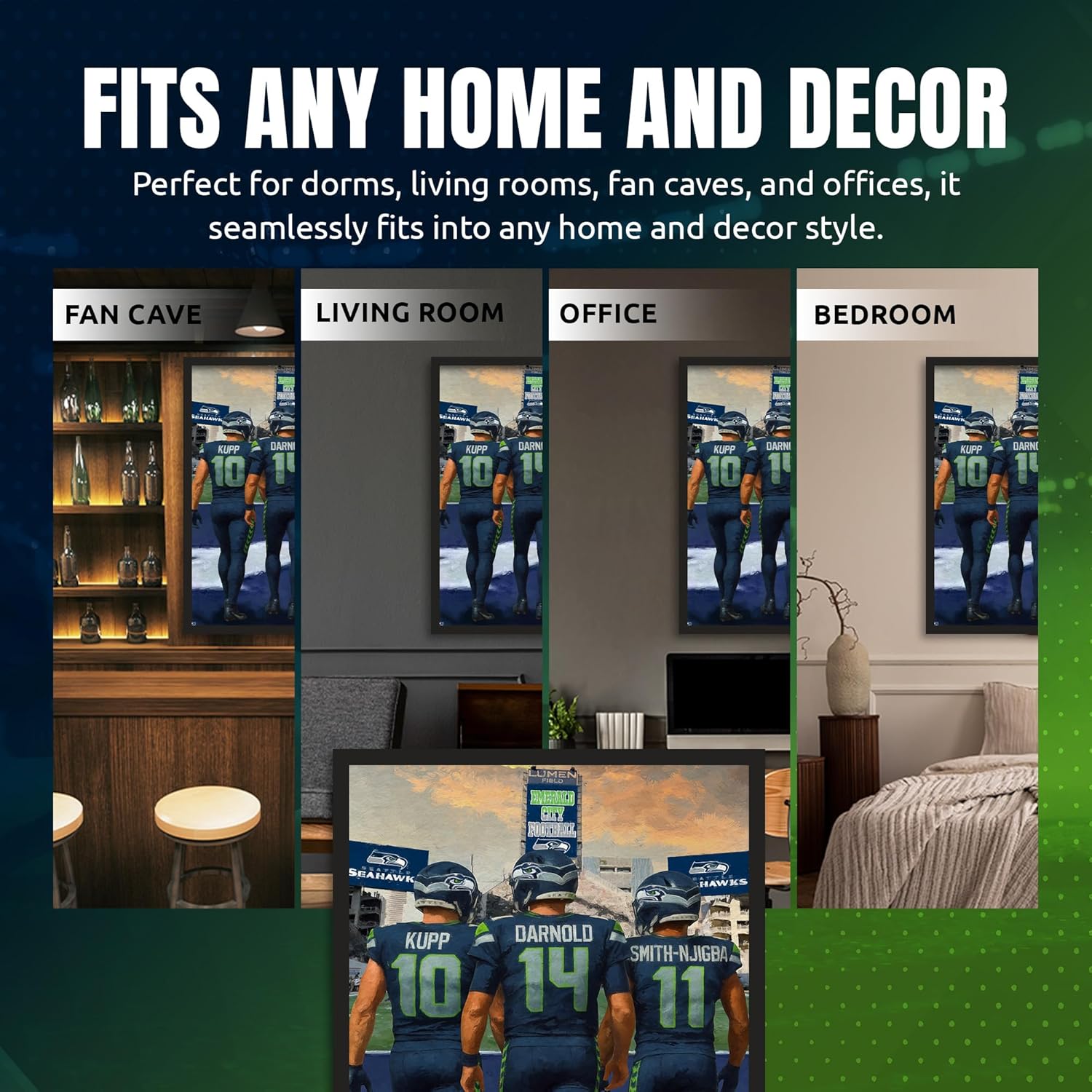 Sporticulture NFL American Football Framed Wall Art - Seattle Seahawks - Cooper Kupp - Sam Darnold - Jaxon Smith-Njigba - Picture Poster for Boys Bedroom and Man Cave, Ready to Hang, 14" x 20"