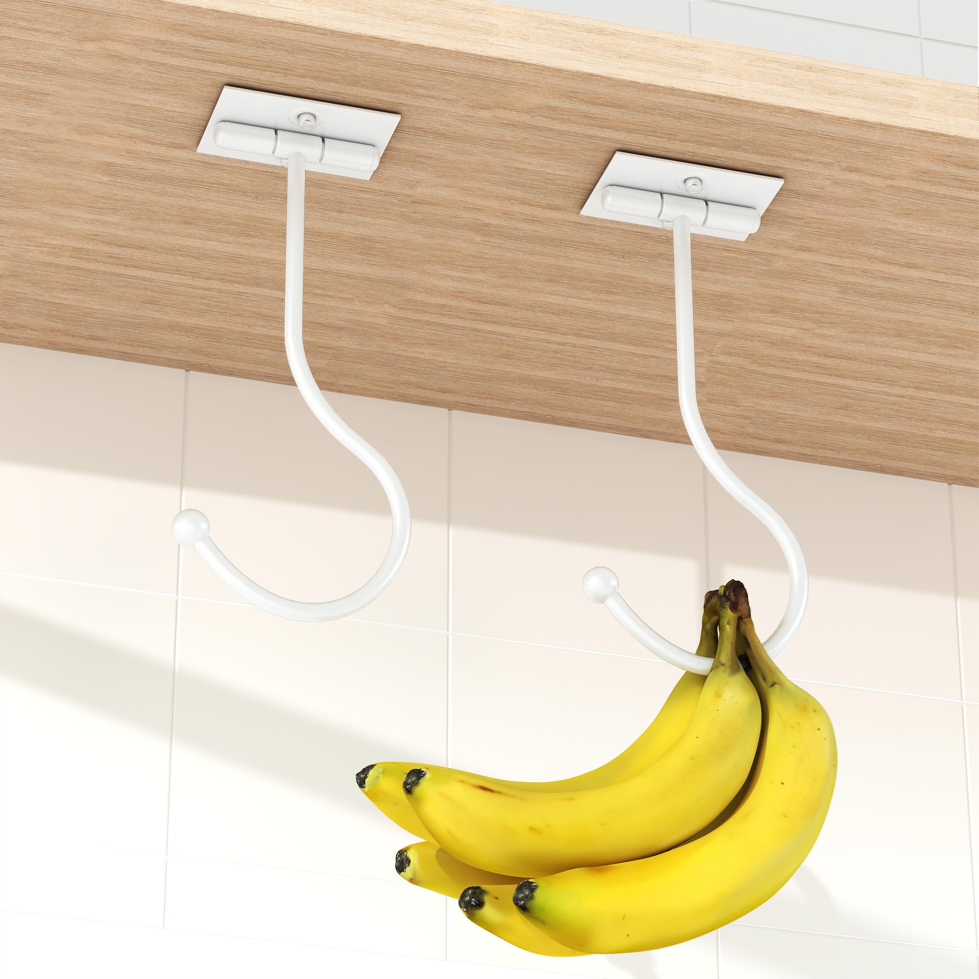 2-Pack Banana Hook Under Cabinet,Banana Holder,Metal Banana Hanger Hook,Adhesive Banana Hook, Foldable Banana Hook, Folds Up With Magnets When Not In Use,Banana Rack,Keep Bananas Fresh (White)