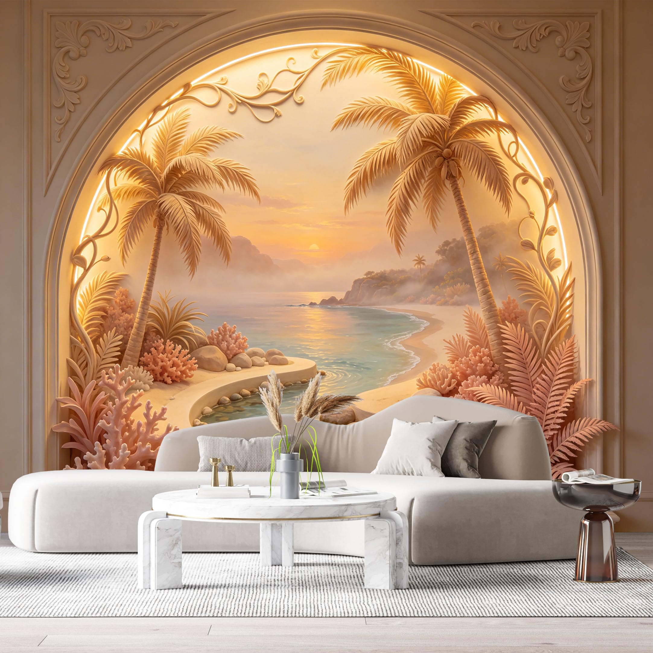 Custom Size Wall Murals Coastal Tropical Palm Tree Ocean Beach 3D Trompe L'Oeil SelfAdhesiveWall Fabric Removable Wallpaper Wall Decor for Living Room Bedroom Bathroom