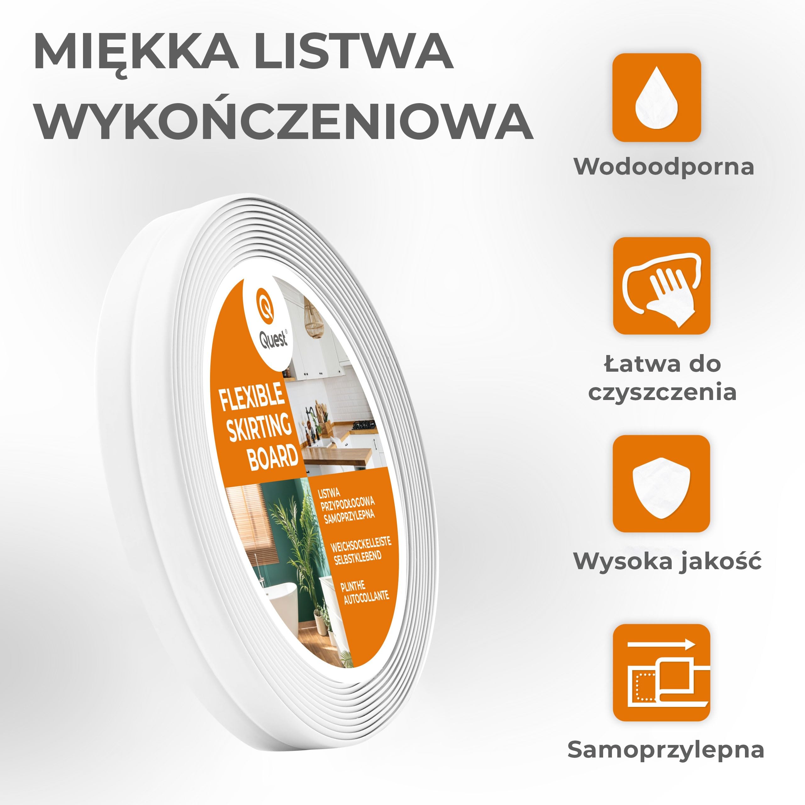 Quest Listwa wykończeniowa na taśmie piankowej PVC 10x10 mm – biały, 5 m | Miękka taśma dekoracyjna elastyczna, maskowanie szczelin i łączeń, do domu i biura, odporna na UV i wilgoć