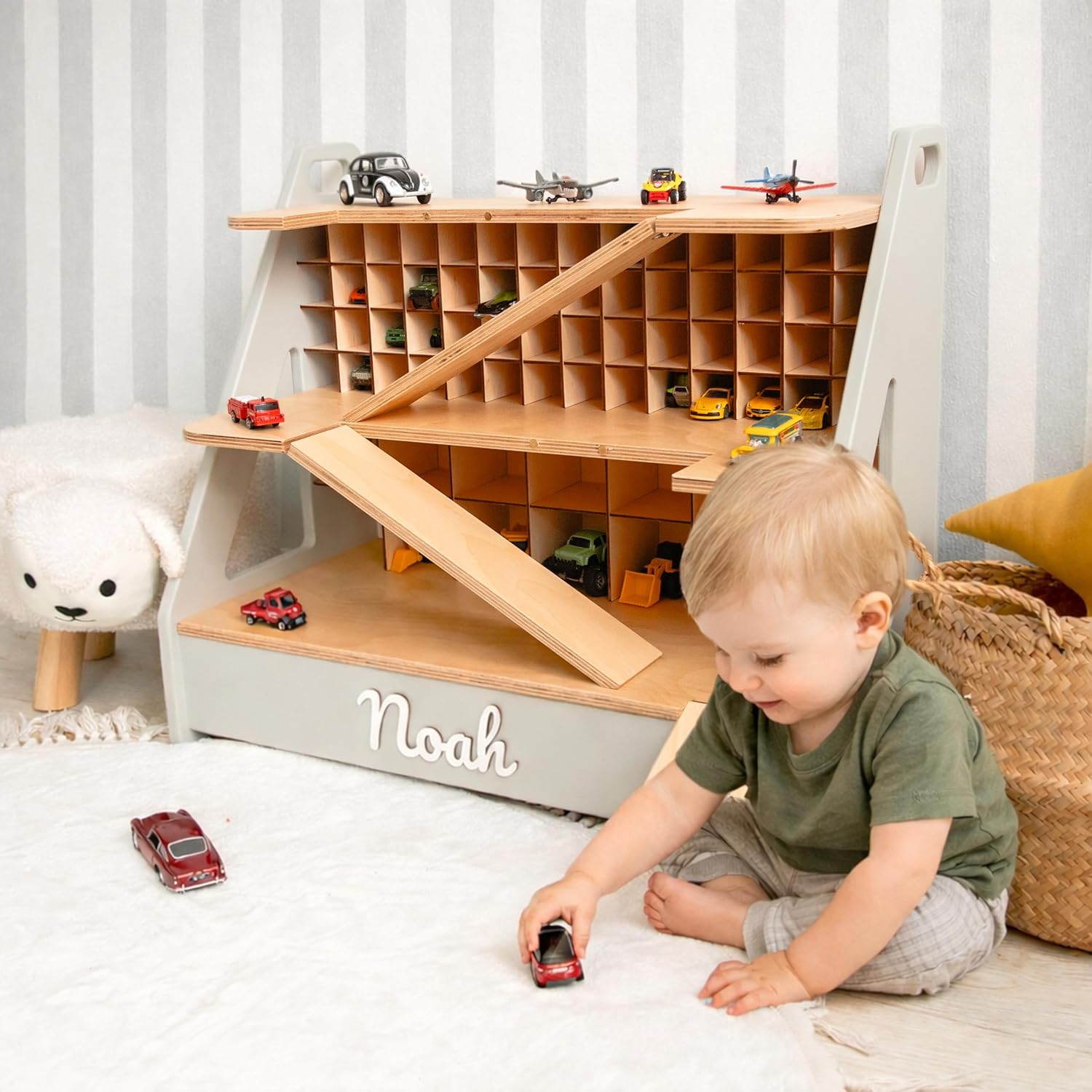 Personalized Wooden Toy Car Garage for Kids, 70-Car Storage Organizer with Name, Display Shelf for Toy Car Collection