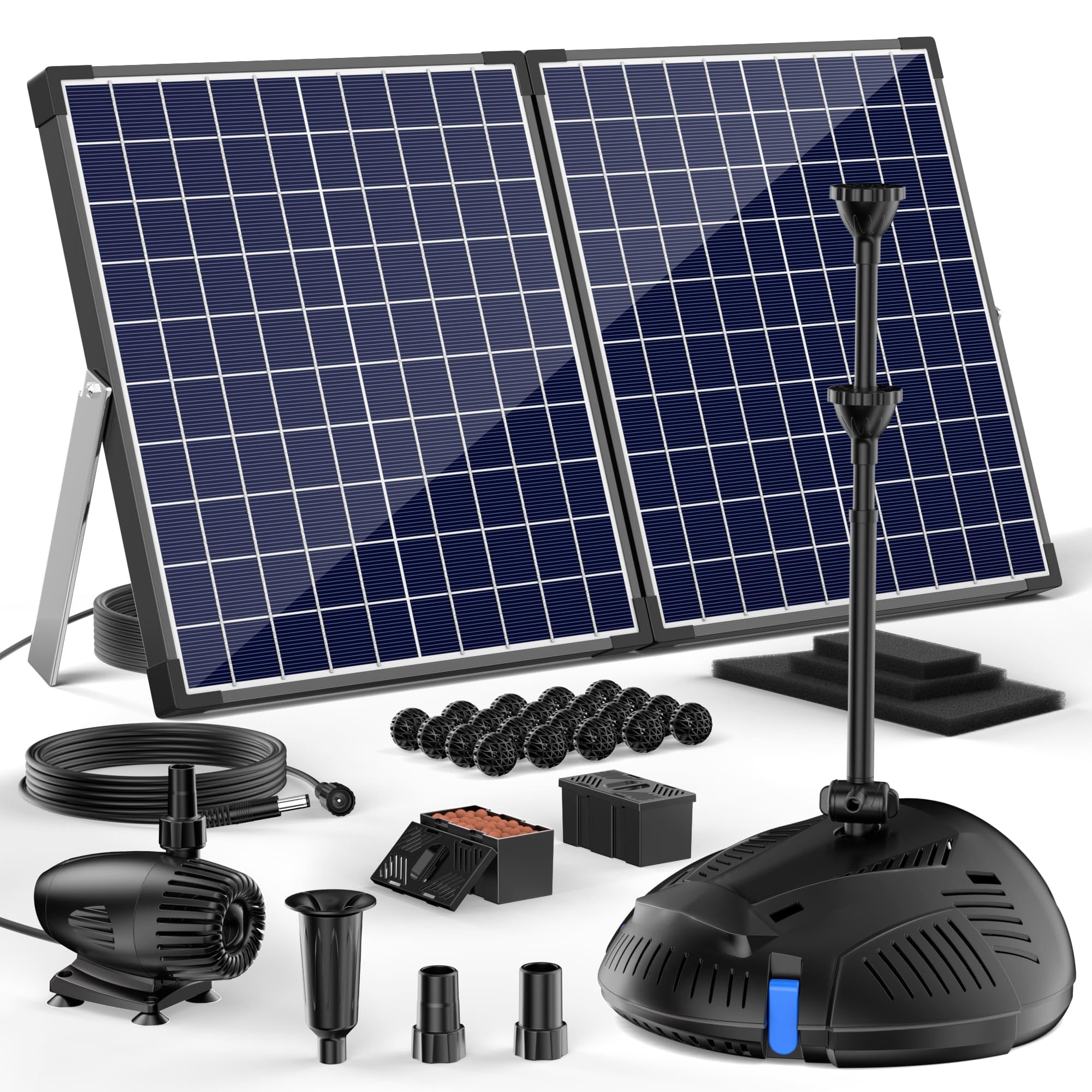 Biling 50W Bomba de filtro solar para estanque con filtro 2100 L/H Bomba de filtro solar para estanque con 3 boquillas y regulador de flujo 8m de cable para estanque de jardín Pequeño estanque de