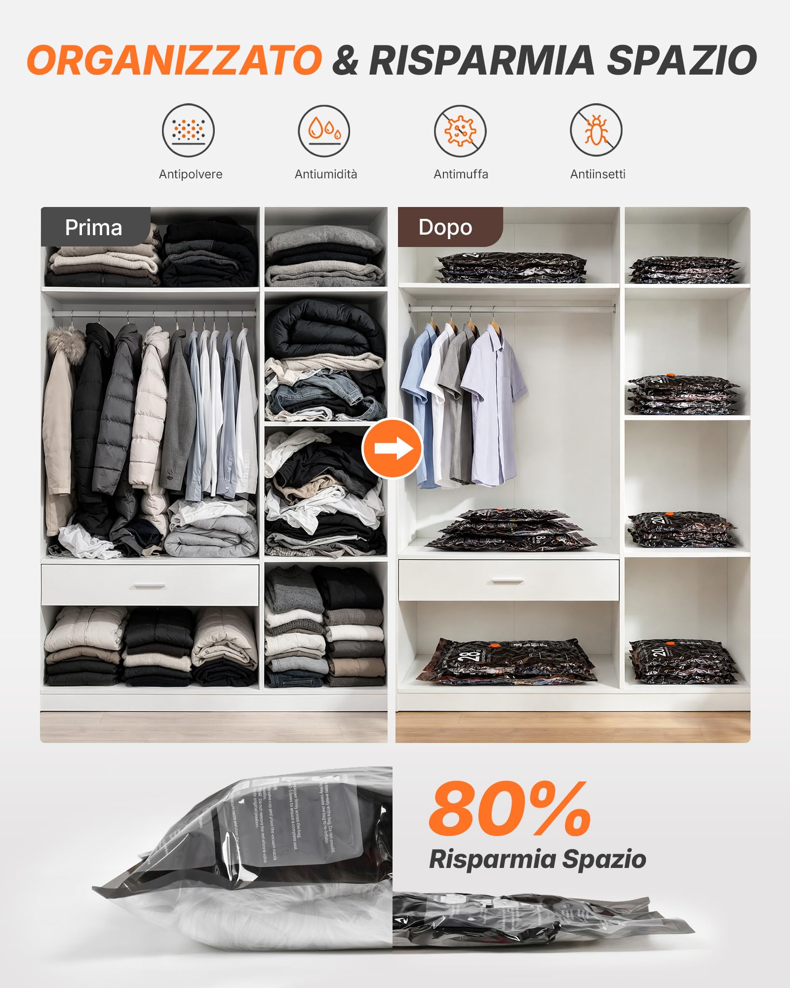 Sacchetti Sottovuoto Vestiti con Pompa Sottovuoto Senza Fili, 10 Pezzi (4 * 54x40、4 * 64x47、2 * 74x54cm) – Per Viaggio, Valigia e Armadio – Pompa Sottovuoto da Viaggio Wireless