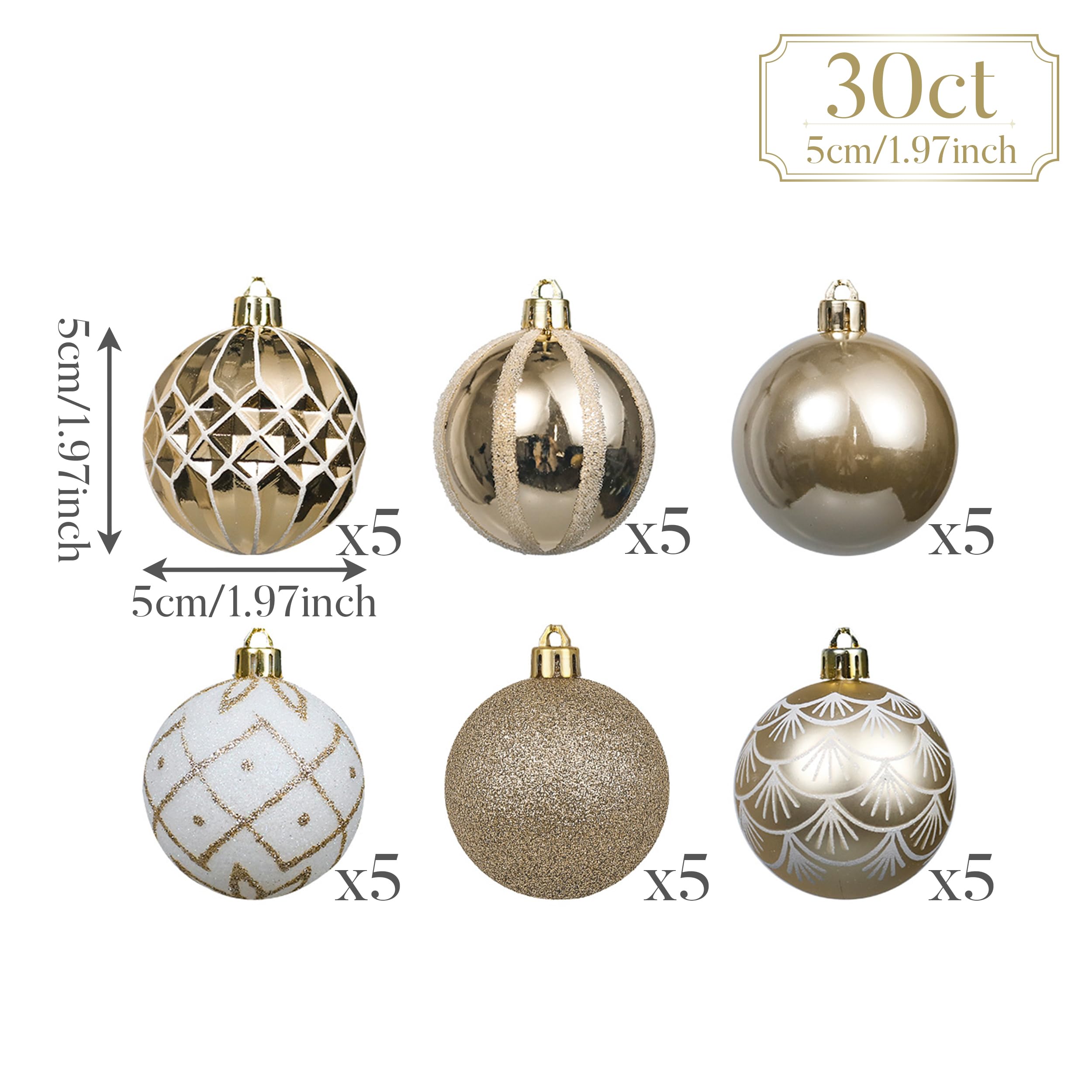 Valery Madelyn Lot de 30 boules de Noël - 5 cm - En plastique incassable - Décoration de Noël avec pendentif pour fête - Thème élégant - Blanc doré (M)