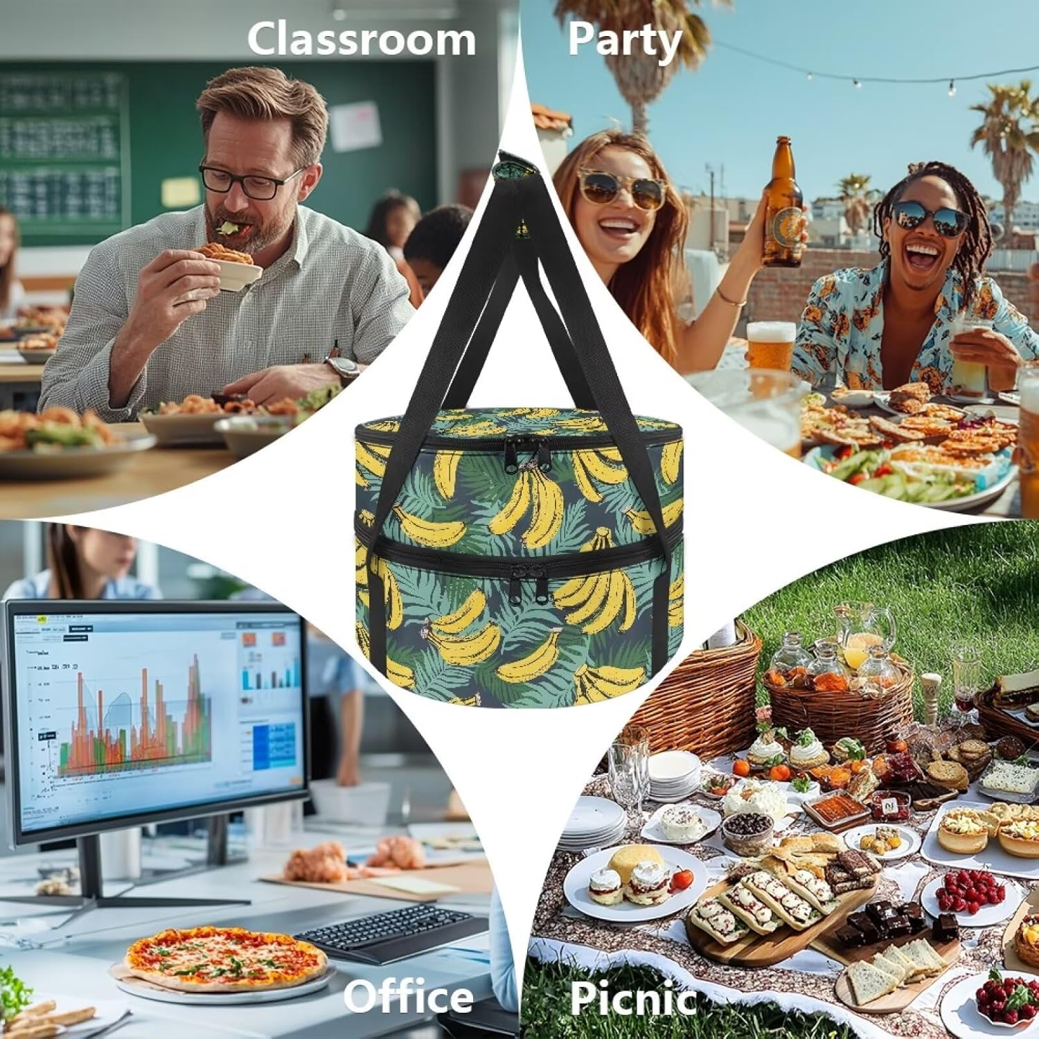Yorontervo Banana Round Insulated Casserole Carriers for Hot and Cold Foods Reusable Lunch Bag for outdoor activities, picnics, and work lunches