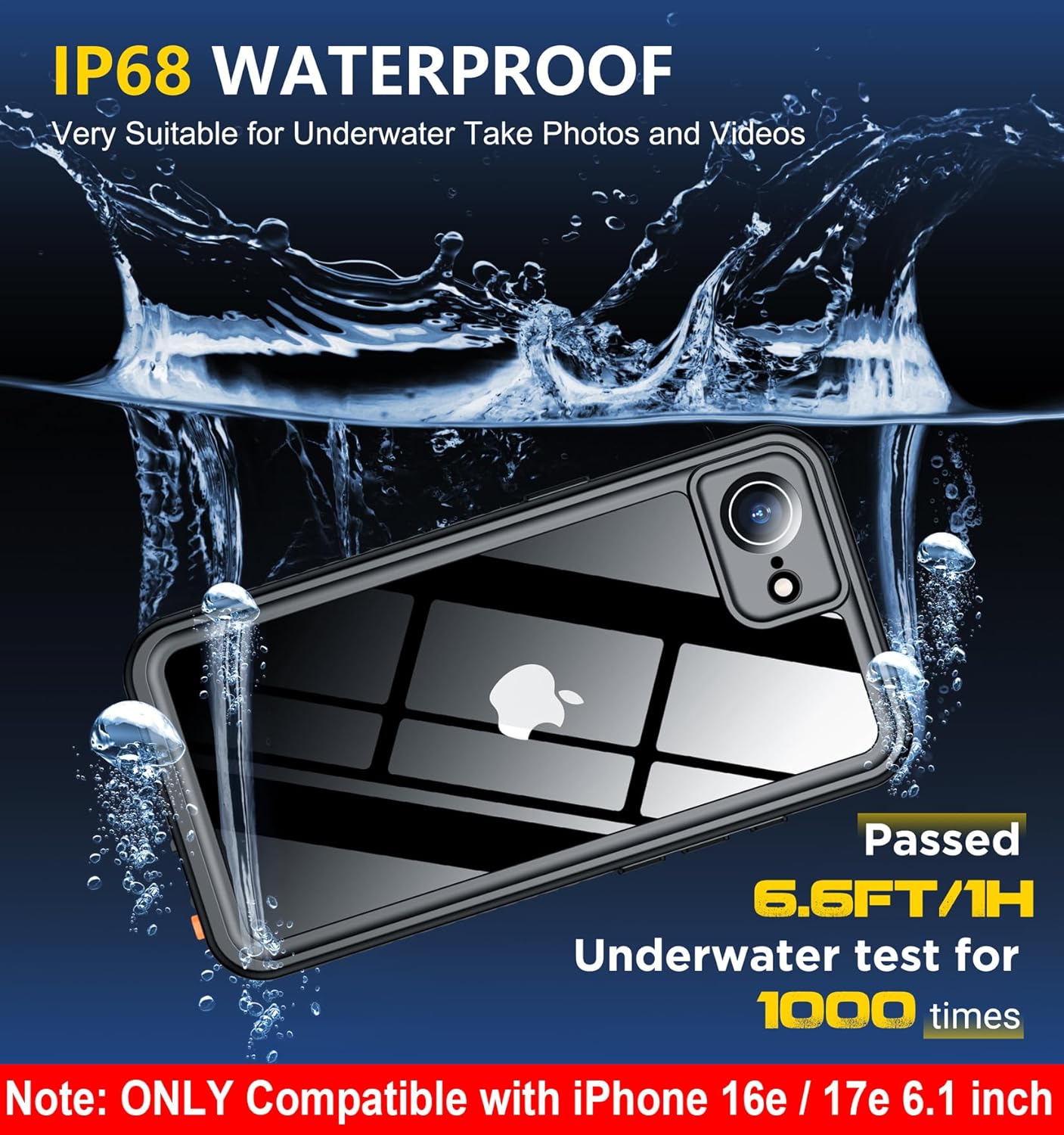 SPIDERCASE for iPhone 16e Case/iPhone 17e Case Waterproof,Built-in Screen & Camera Lens Protector[IP68 Underwater] Full Body Protection Phone Case for iPhone 16e/iPhone 17e 6.1'', Black/Clear