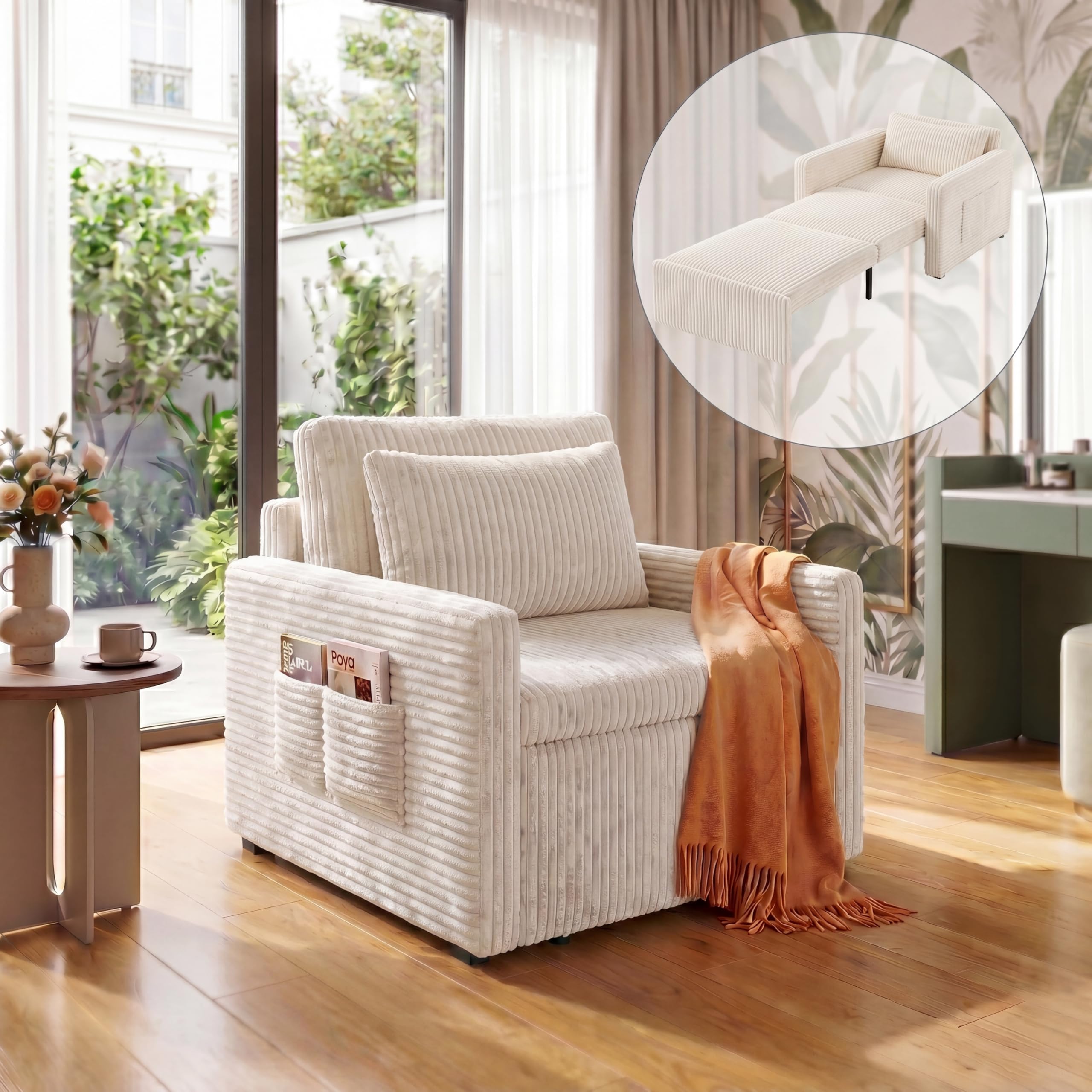 Xbro 3-in-1 Schlafsessel mit Schlaffunktion, Ausziehbares Schlafsofa 1 Sitzer, Bettsofa mit Schlaffunktion, Cord Sesselbett mit Kissen, Klappbares Sofa für Wohnzimmer, Schlafzimmer, Beige