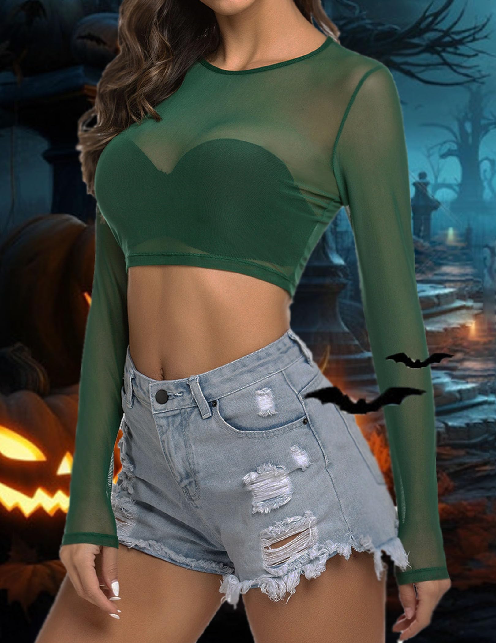 ADOME Mesh Crop Top Sheer Tops for Women See Through Shirt Long Sleeve Basic Crop Top S-4XL