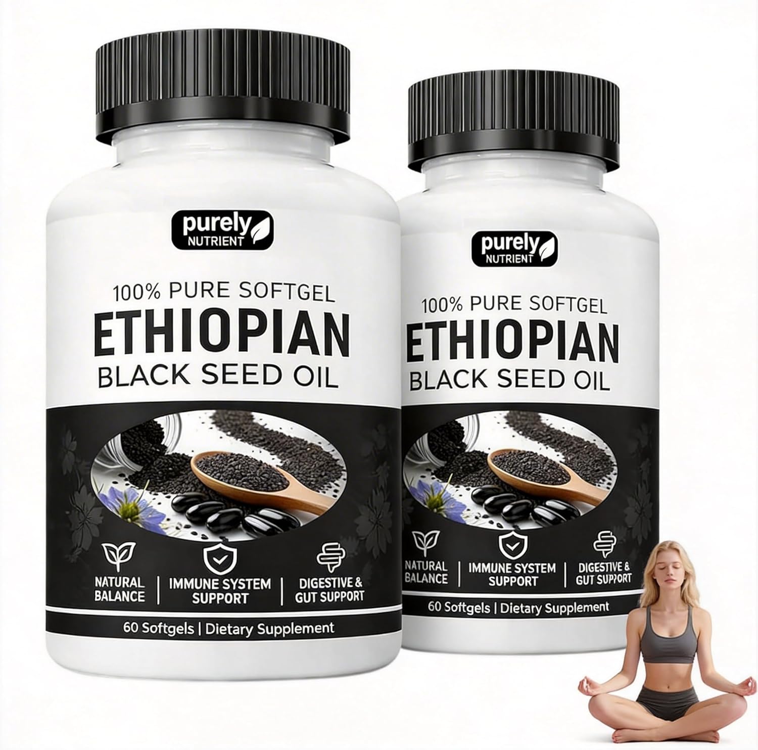 Purely Ethiopian Black Seed Oil Capsules, Purely Nutrient Ethiopian Black Seed Oil with 4.64% Thymoquinone, Immune Support, Organic Cold Pressed, Non-GMO, Gluten-Free, 60 Softgels(2 Bottles)