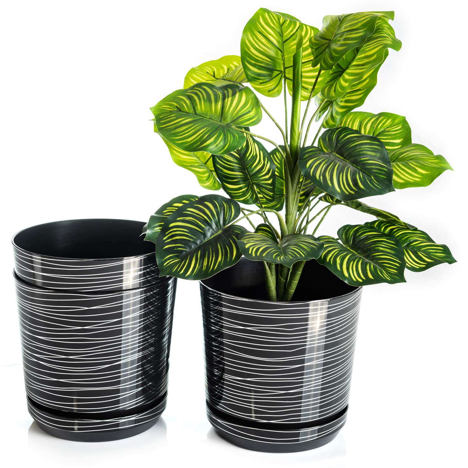 KORAD Set of 3 Plant Pots Black with Stripes 21 cm Decorative Planters 21 cm for Flowers, Herbs, Plant Compositions. OSL 21/173 x3