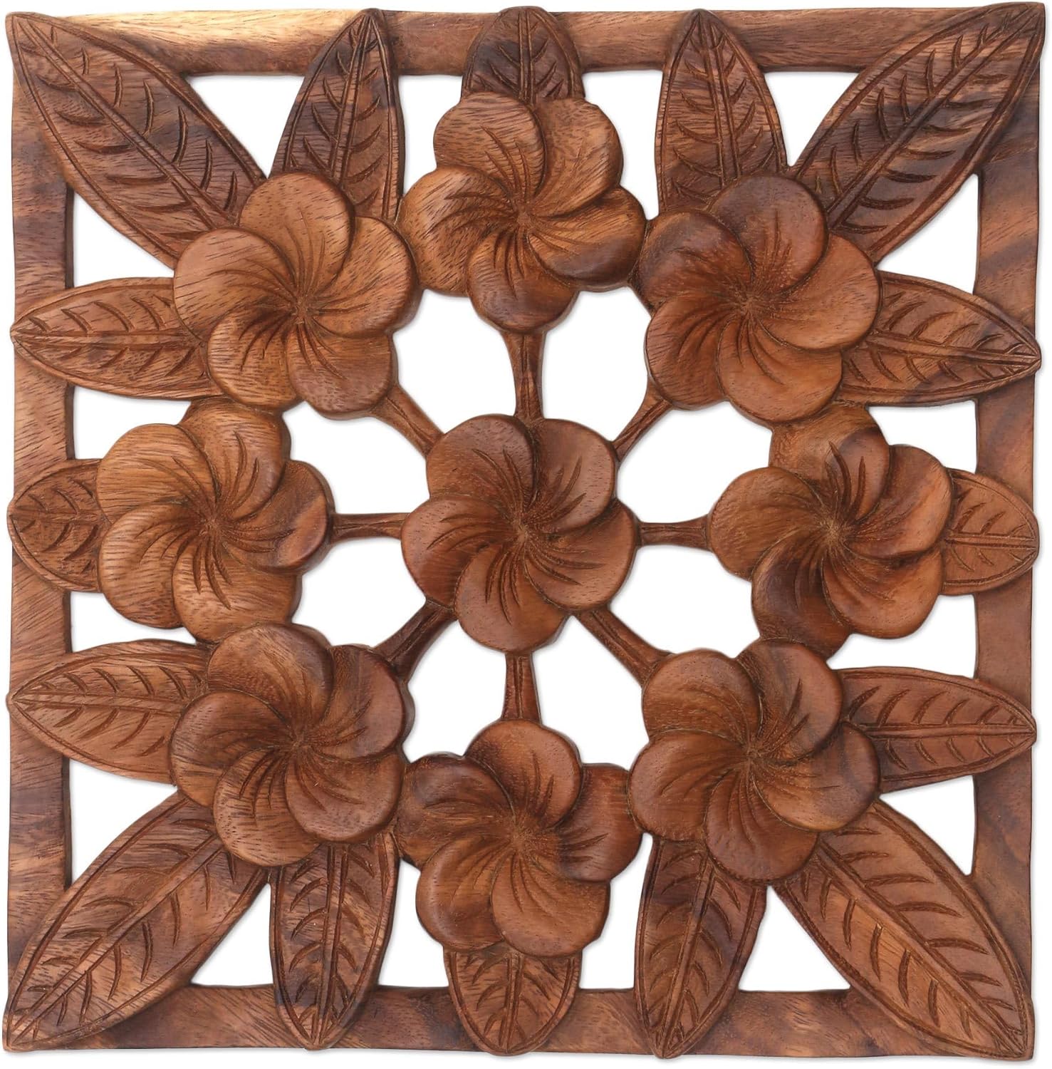 NOVICA Brown Wood Floral Wall Sculpture From Indonesia 'Interconnected Jepun'
