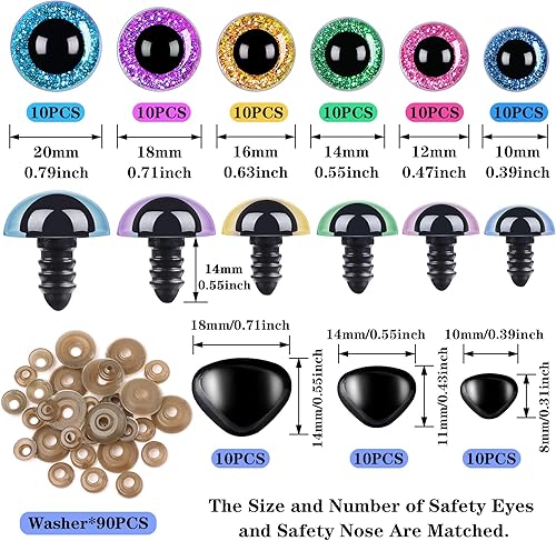 Miniatura 2 de UPINS 180 piezas de ojos y nariz grandes de seguridad de 10 a 0.787in con arandelas para Amigurumi ojos de animales de peluche, muñeca de ganchillo,