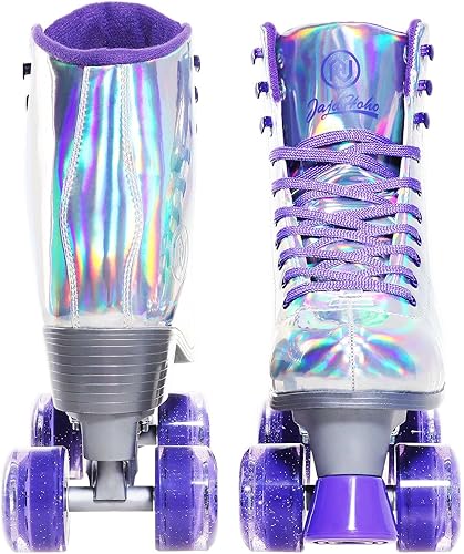 Miniatura 9 de Patines holográficos de piel sintética para mujer, patines de cuatro ruedas brillantes de doble fila, cuatro ruedas para niñas de 8 a 50 años, para