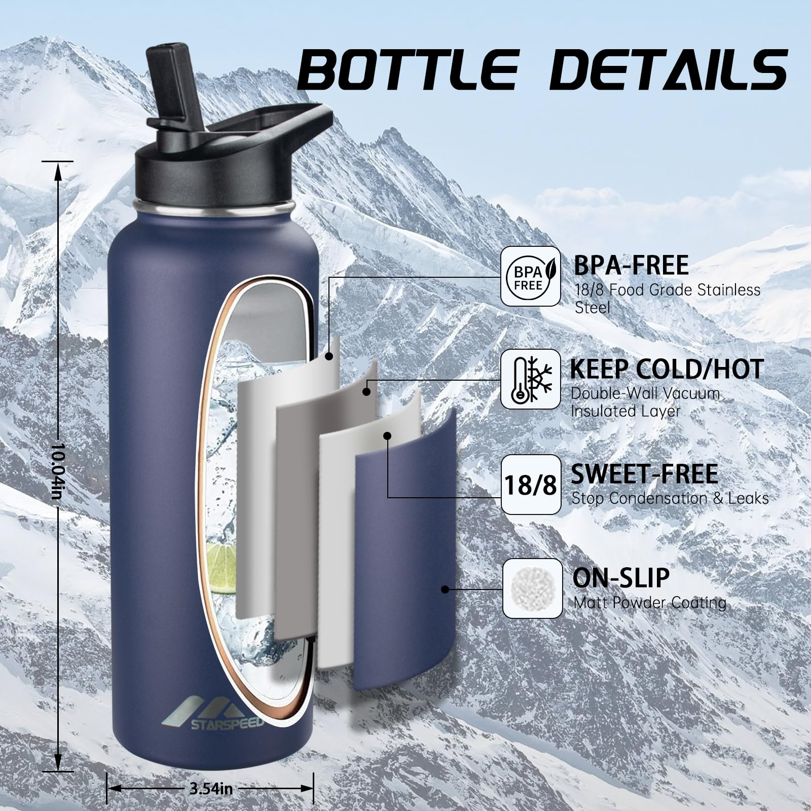 StarSpeed Isolierte Wasserflasche, Edelstahl, doppelwandig, Vakuum-Wasserkrug, 1,2 l, breite Öffnung, Sport-Thermobecher mit Trinkhalm-Deckel für heiße und kalte Flüssigkeiten, 1,2 l