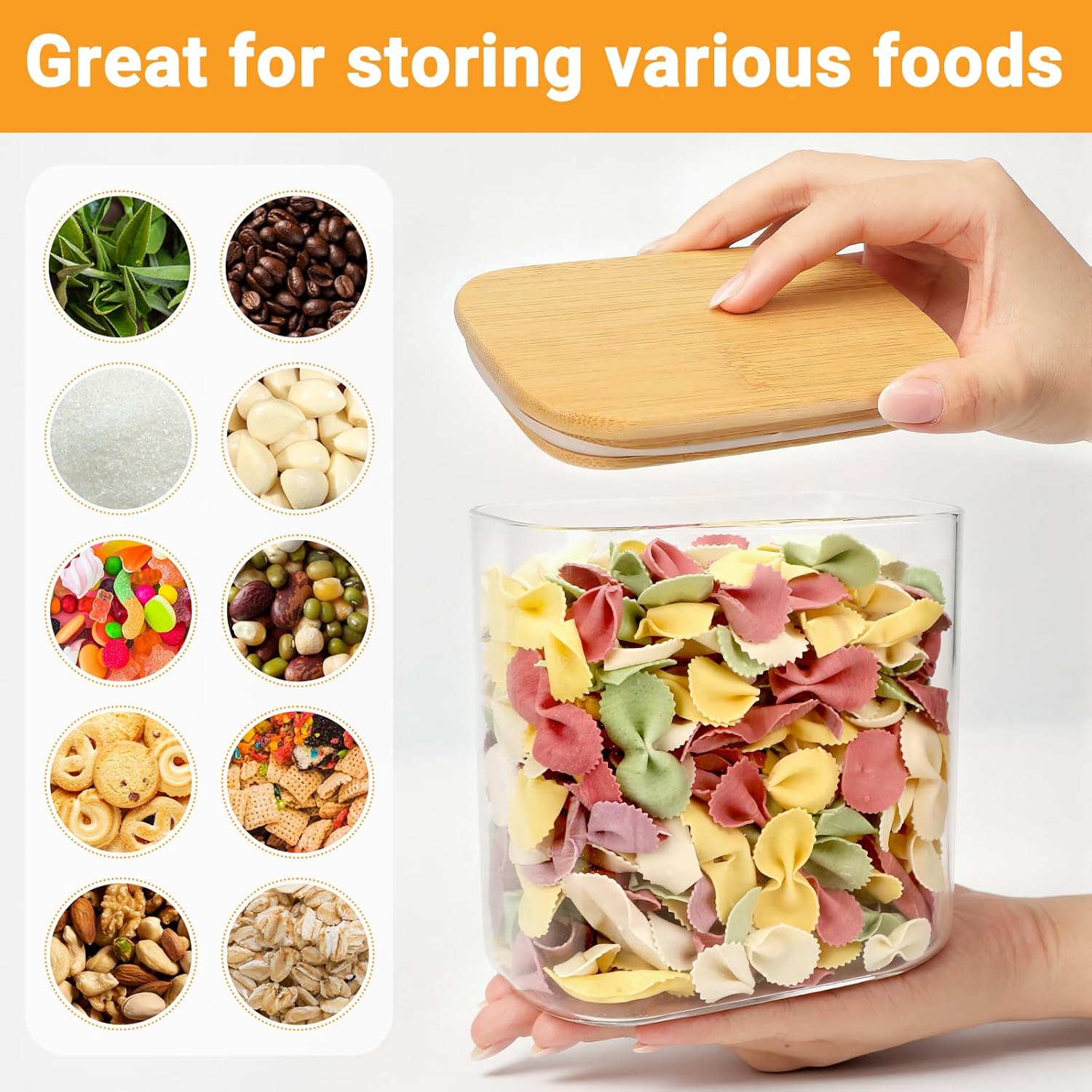 27oz Glass Storage Jars Set of 4, Rectangle Glass Jars with Bamboo Lids, Clear Empty Kitchen Pantry Storage Containers, Loose Tea Container for Sugar, Coffee Bean, Cereal, Flour, Spice, Nuts