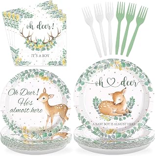 Green deer-themed baby shower plates and napkins