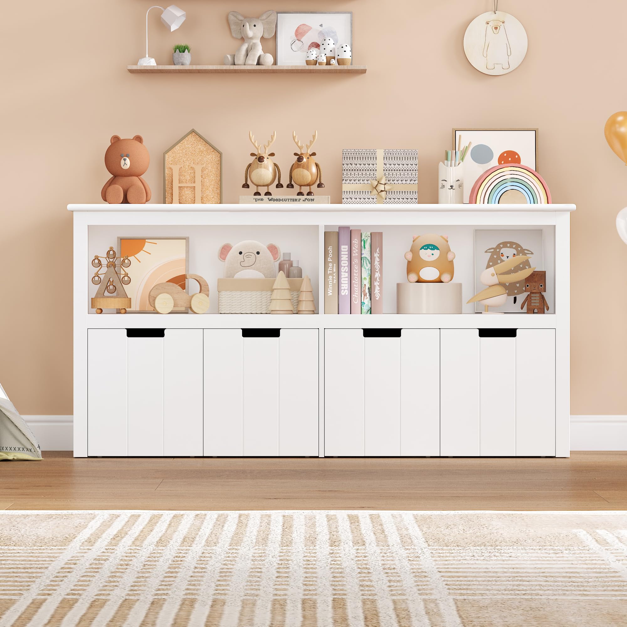 FOREHILL Kinderregal mit Boxen auf Rollen, Spielzeug Aufbewahrung Kinderzimmer Möbel, Spielzeugregal, Kinderschrank, Regal weiß mit 4 Boxen, Aufbewahrungsbox für Kinder 120 x 61,5 x 33cm weiß