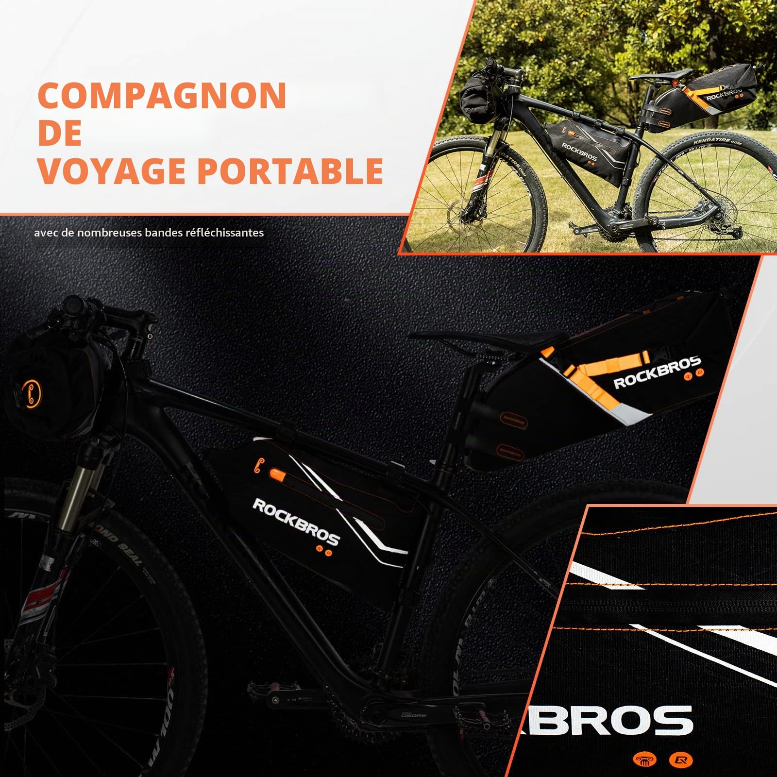 ROCKBROS Set de Sacoche de Vélo : Sacoche de Cadre + Sacoche de Guidon + Sacoche de Selle, Bikepacking 2L + 3,5L + 10L Grande Capacité Étanche, Noir Orange
