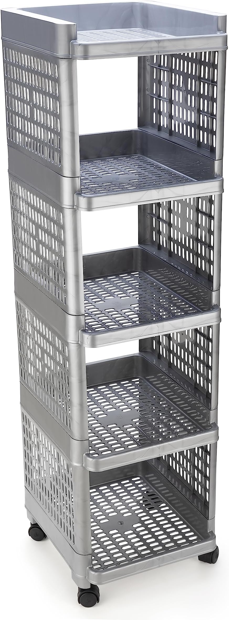 SHRUTI Multipurpose Plastic Trolley with 4 Wheels Rack for Kitchen Fruit Vegetable Storage Basket Organizer Stand Kitchenware Food, Snacks 5 Layer Multi-Purpose Step Shelf Office Rack (Grey)