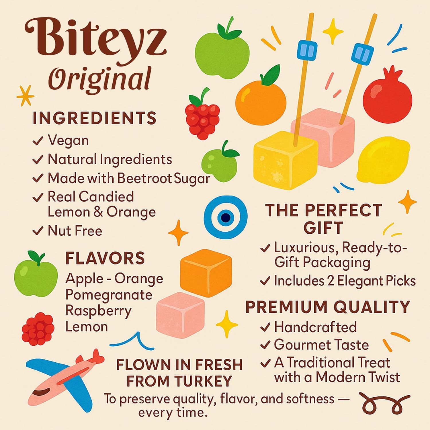 Biteyz Original Turkish Delight, Vegan Candy Gift Box - Assorted Gourmet Fruit Snacks with Lemon, Apple, Orange, Pomegranate, and Raspberry Flavors, 36 Pieces of Luxury Handmade Vegan Treats
