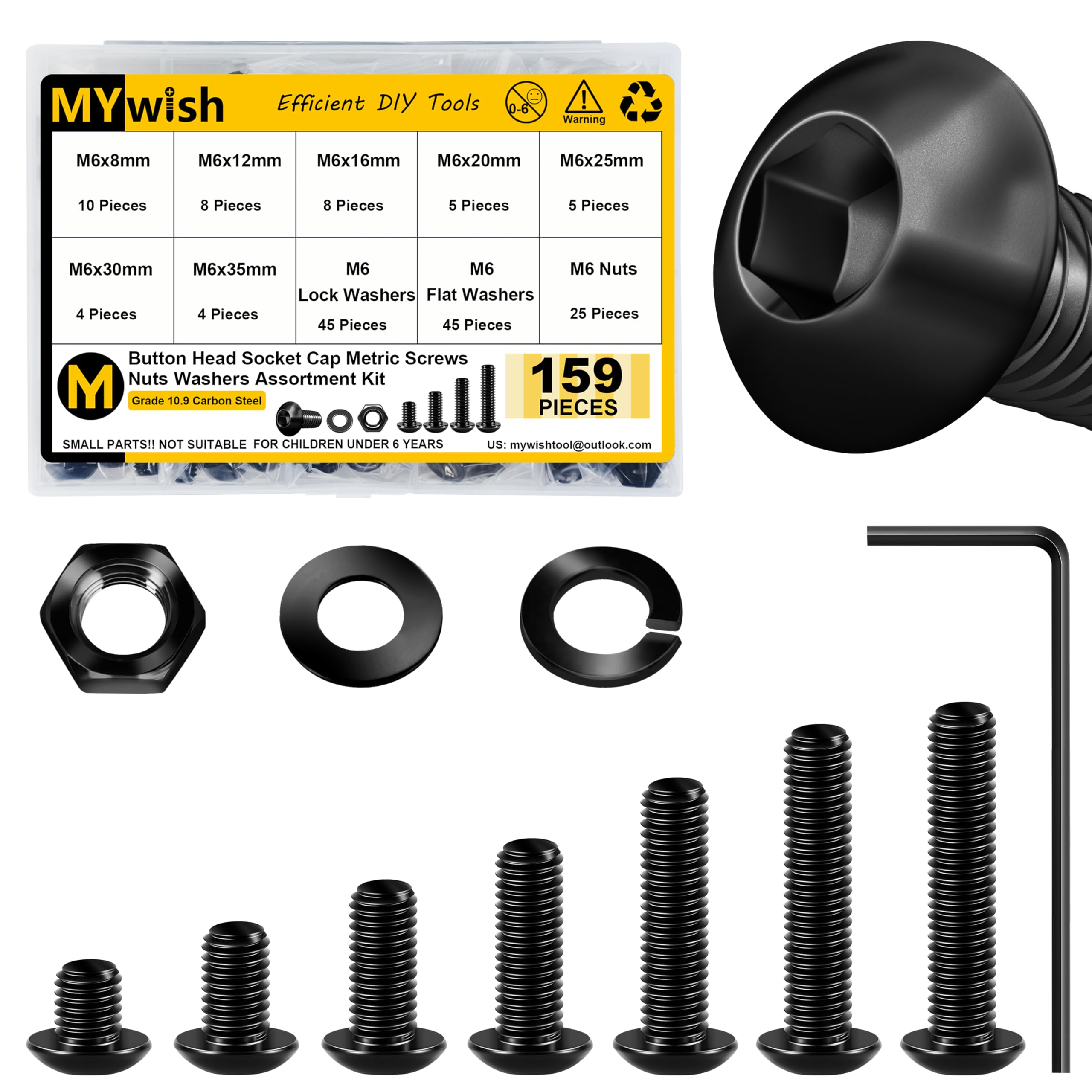 Mywish 159Pcs M6 Screw Metric Screw Assortment, Grade 10.9 Alloy Steel Hex Socket Button Head, Metric Bolt Assortment, Flat & Spring Lock Washers/Nuts