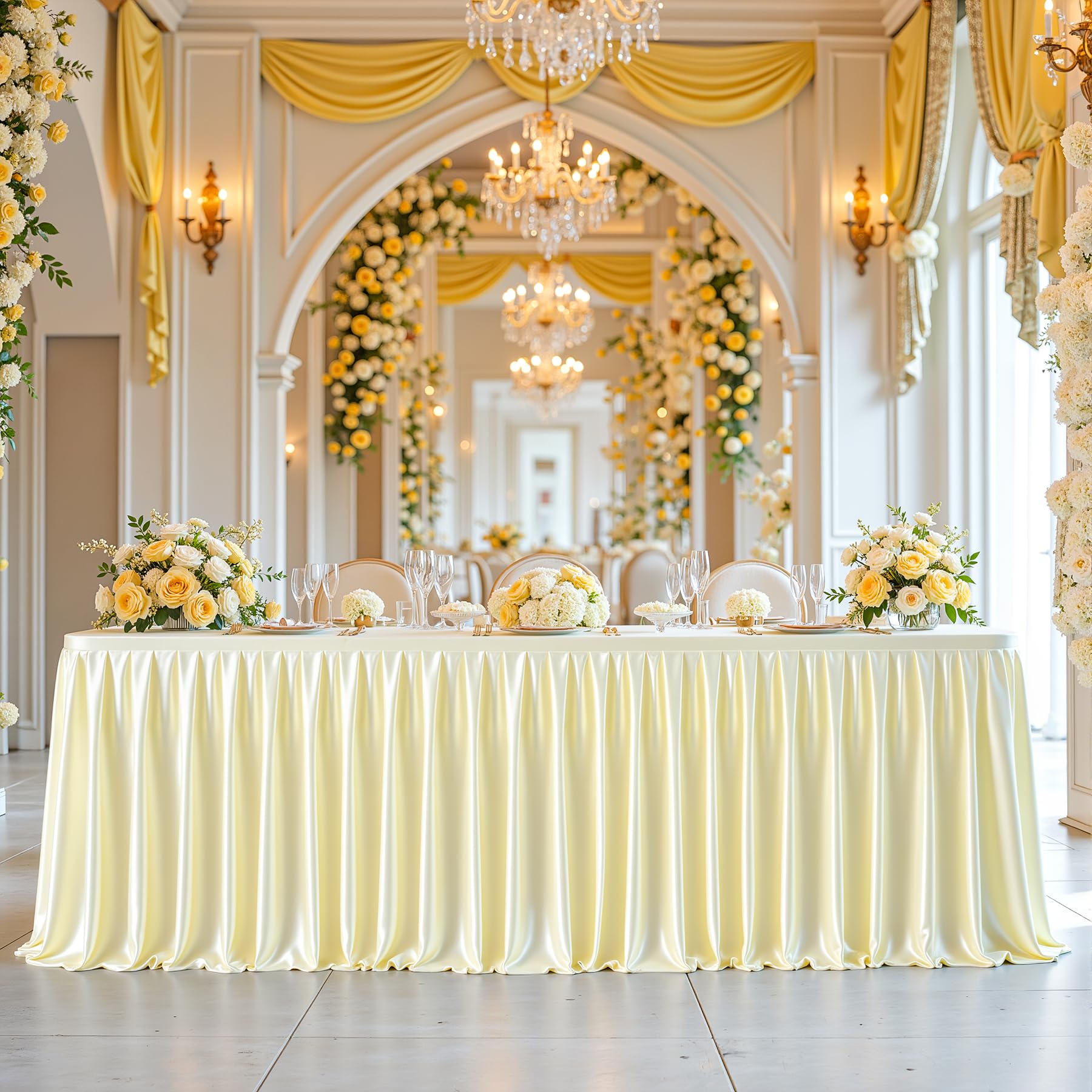 8ft Champagne Satin Tablecloths for Rectangle Tables - Shiny Spandex Party Table Cover with Pleated Table Skirt, No-Wrinkle & Glossy Wedding Tablecloth One-Piece for Birthday Baby Shower Banquets
