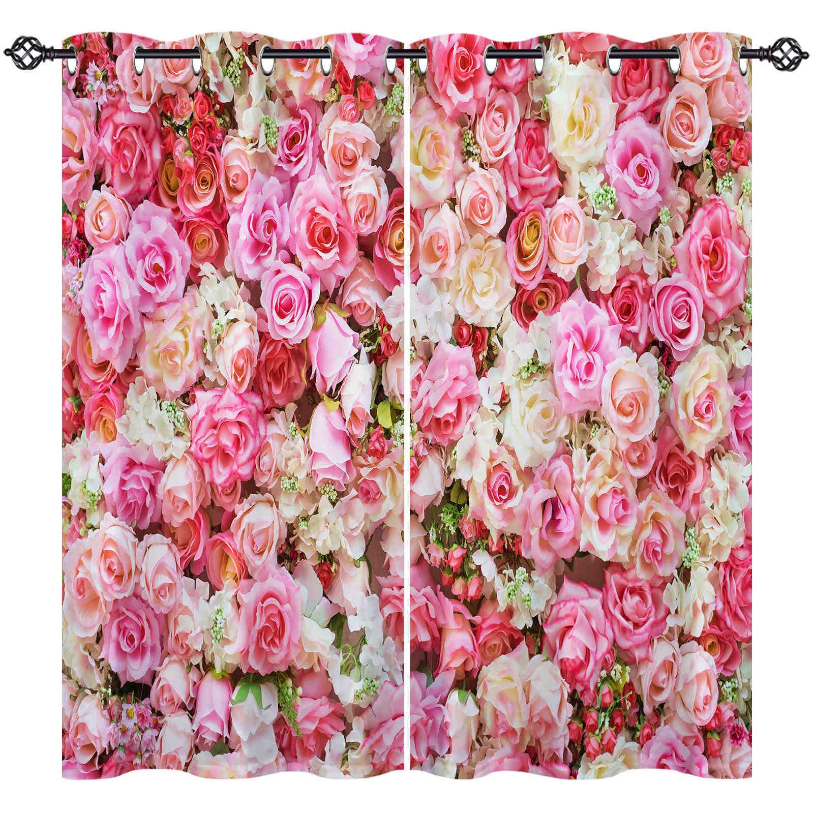 Rideau occultant rouge fleur rose pour décorer le salon et la maison