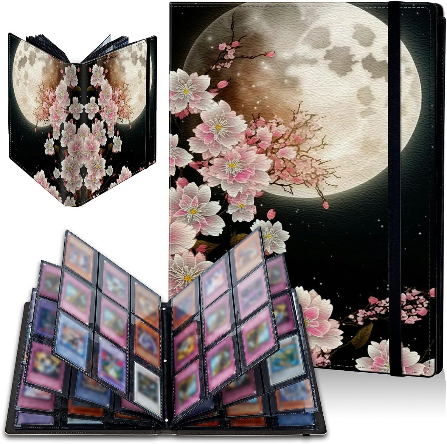 Moon Pink Sakura Card Binder, 9 Pocket Trading Card Album Folder Sleeves Side Loading 540 Pockets Premium PU Card Book Card Holder Binder Card Album for Game Cards/Sports Cards