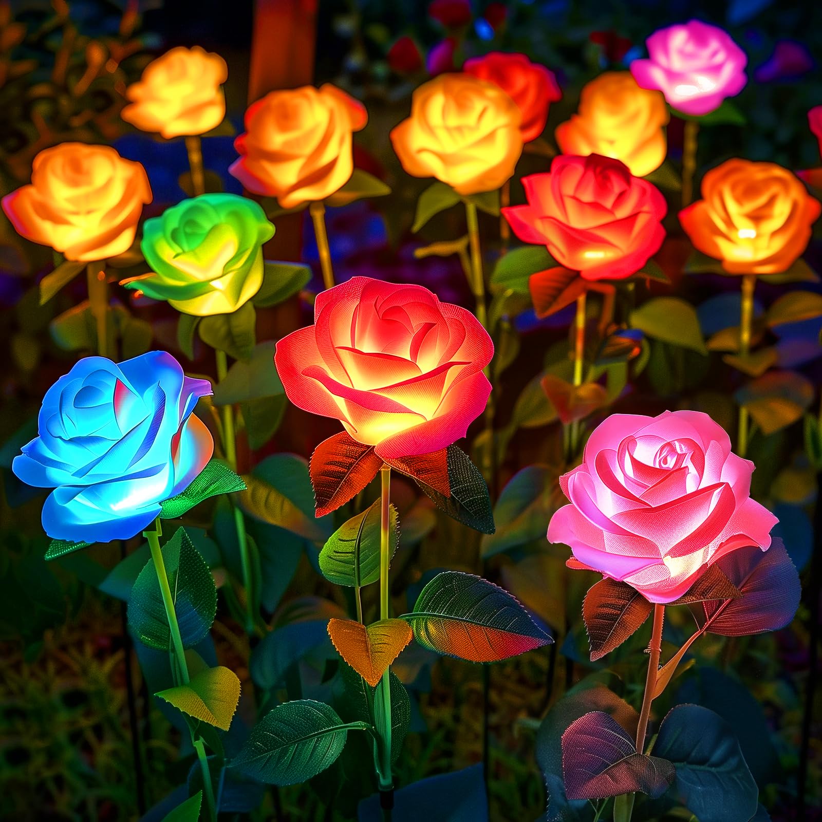 KOOPERSolar Lights Outdoor Garden, 4PCS Solar Outdoor Garden Yard Lights with 20 Realistic Rose Flower, 7-Color Changing Outdoor Garden Solar Flowers Lights for Outside Yard Decor, Gifts for Women